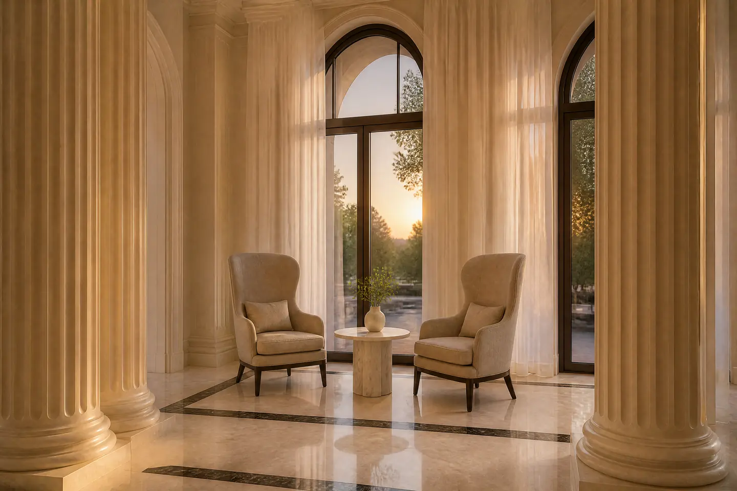 A seating bay between the columns with two wing chairs and a round marble table before arched windows