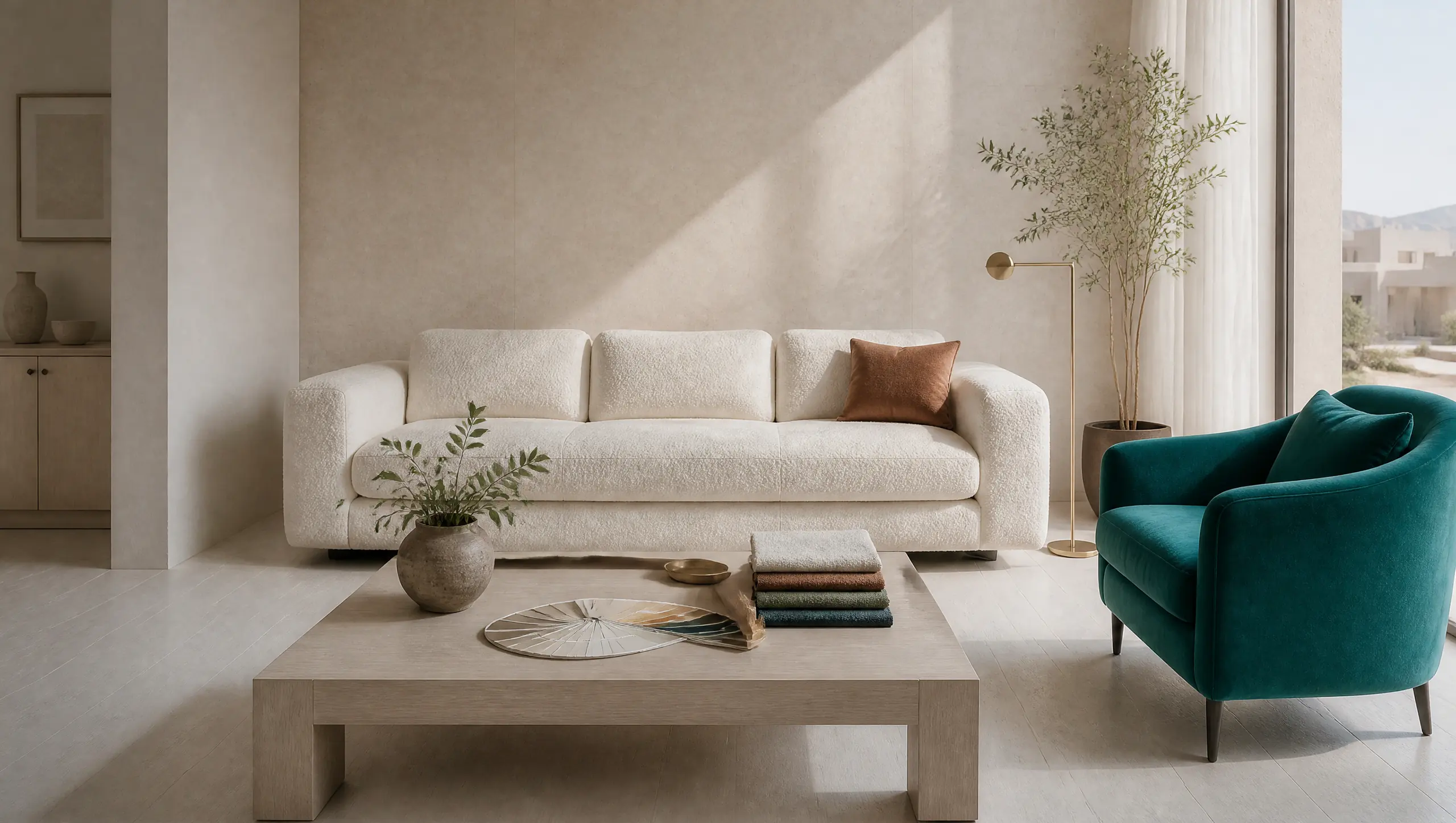 A living room with a considered colour scheme: a fan-shaped colour swatch and a stack of fabric samples on the coffee table, a terracotta cushion and a teal armchair