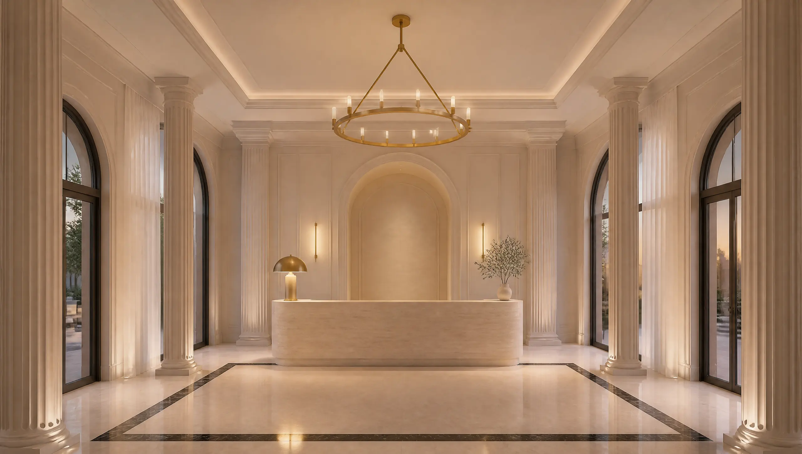 A boutique-hotel lobby in a neoclassical style: fluted columns, strict symmetry, a marble floor with a dark border and a curved reception desk