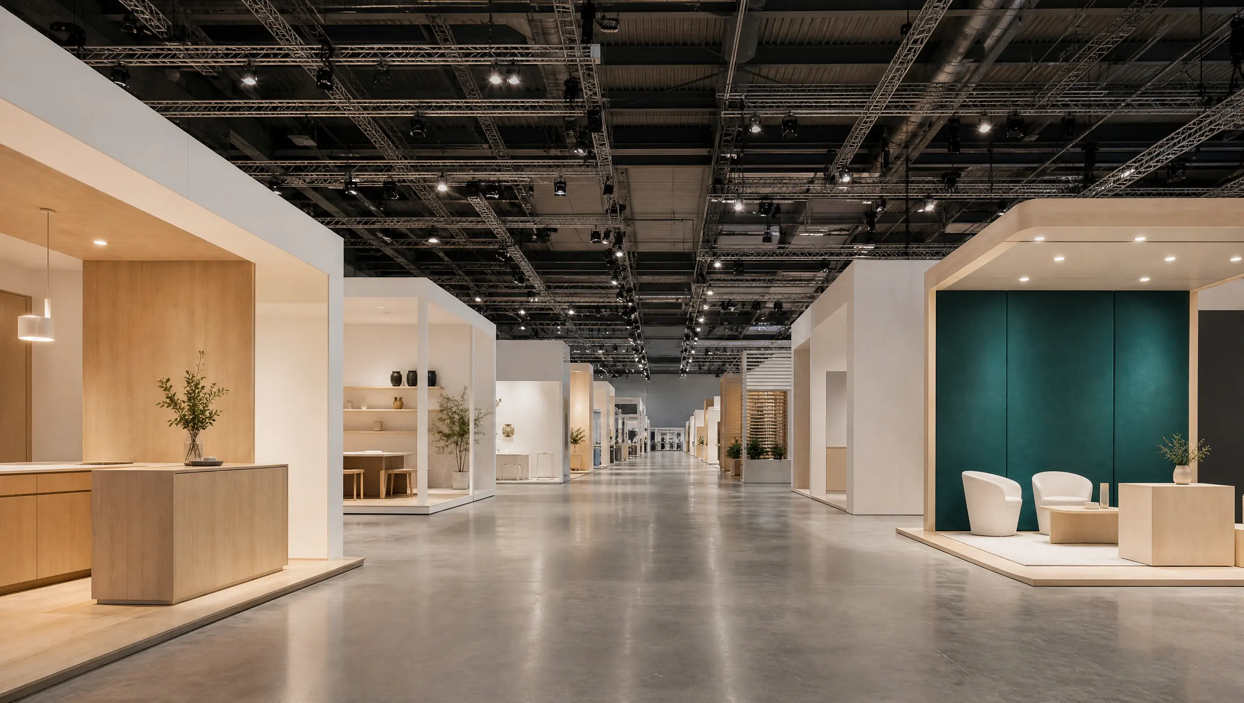 A large trade-exhibition hall with unbranded stands, a central aisle and overhead lighting
