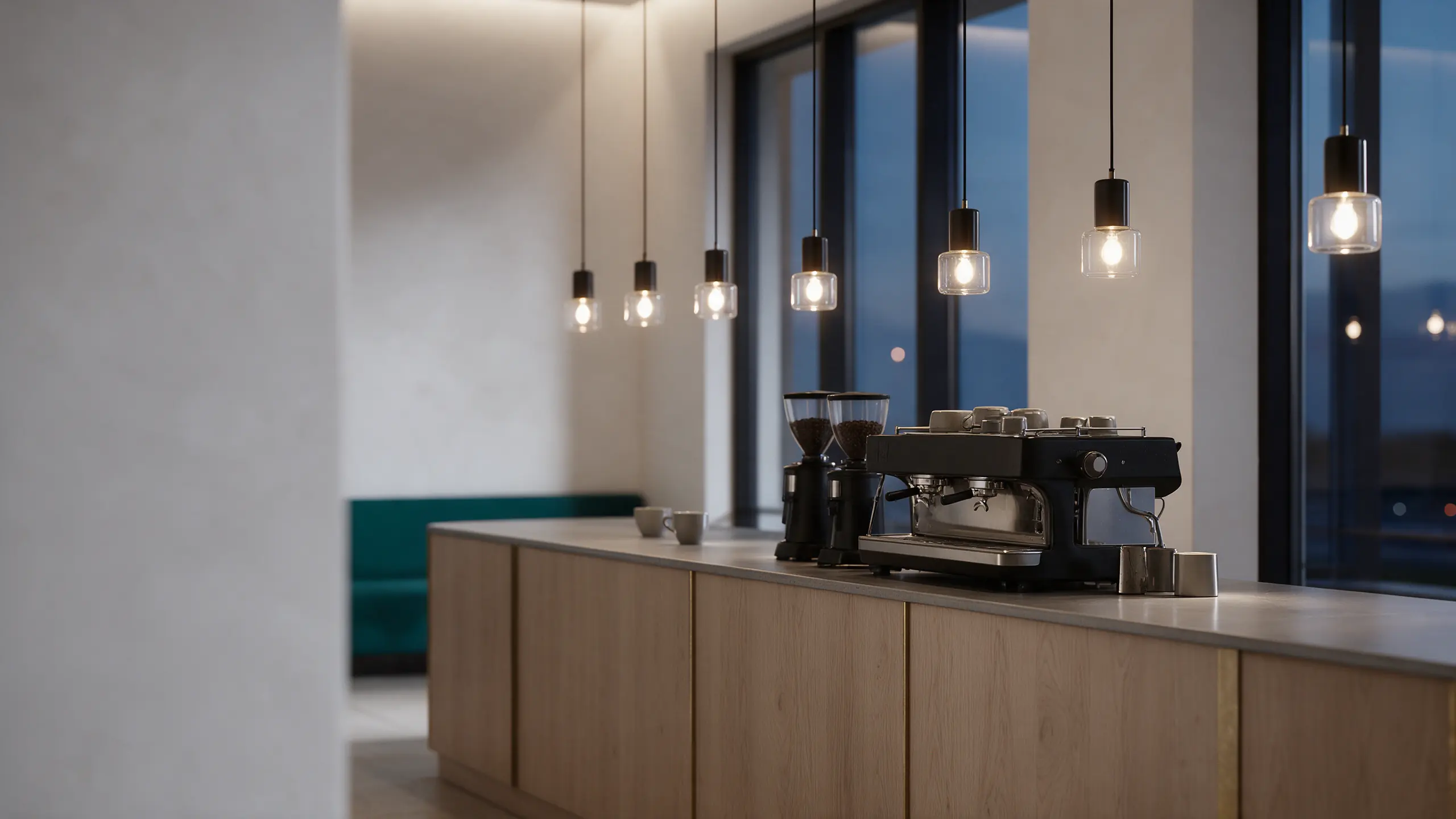 An oak coffee counter with an espresso machine and pendant lights