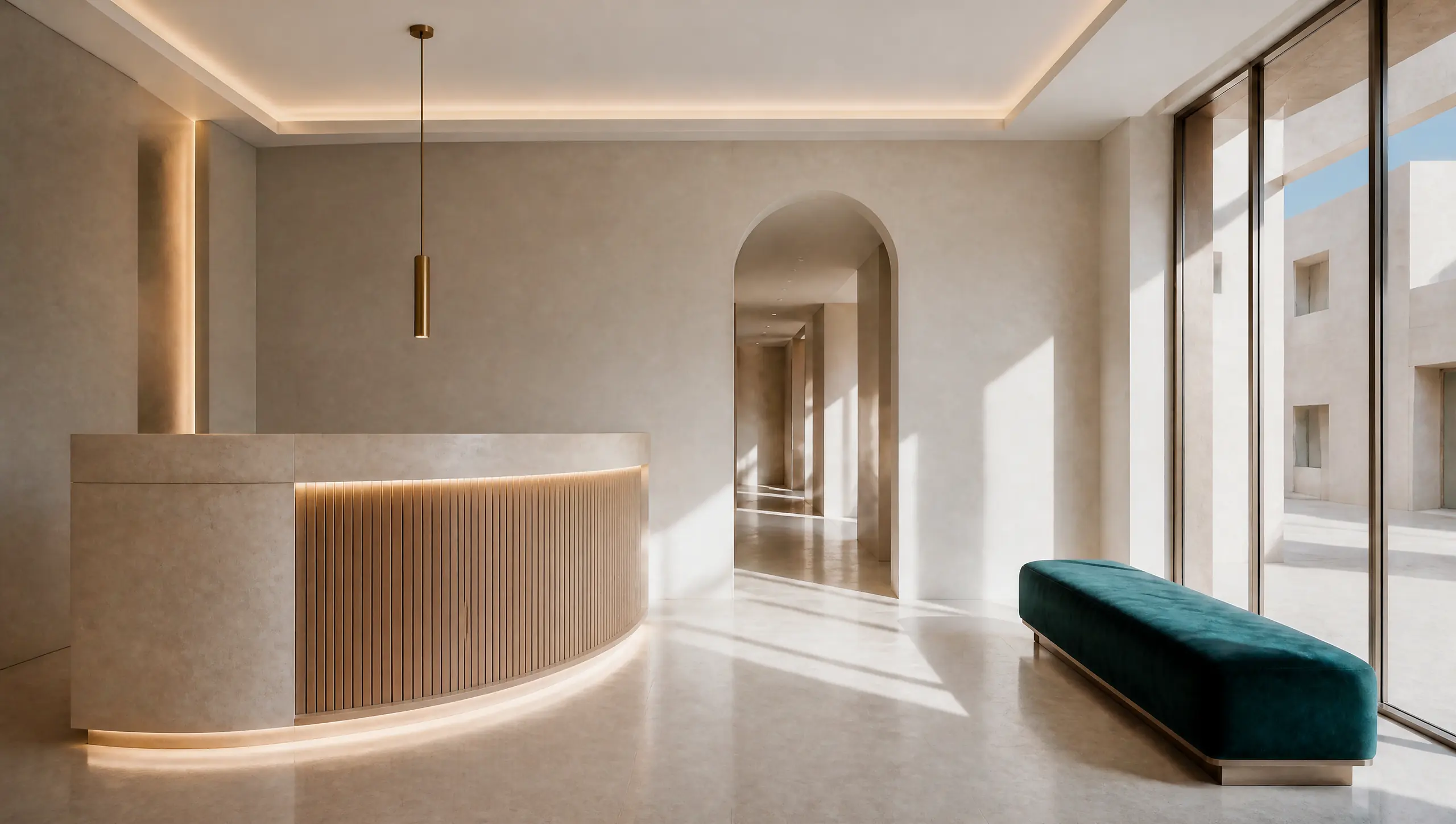 A refined hotel lobby with a curved stone-and-oak reception desk and an arched corridor