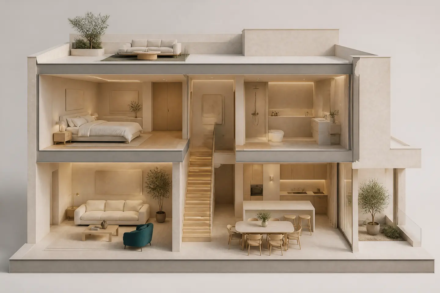 A cutaway 3D view of a two-storey villa showing furnished rooms, the stair and the roof terrace