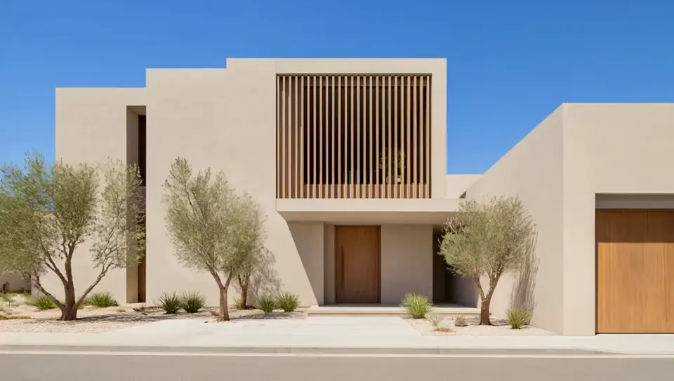 A villa facade from midday light to dusk