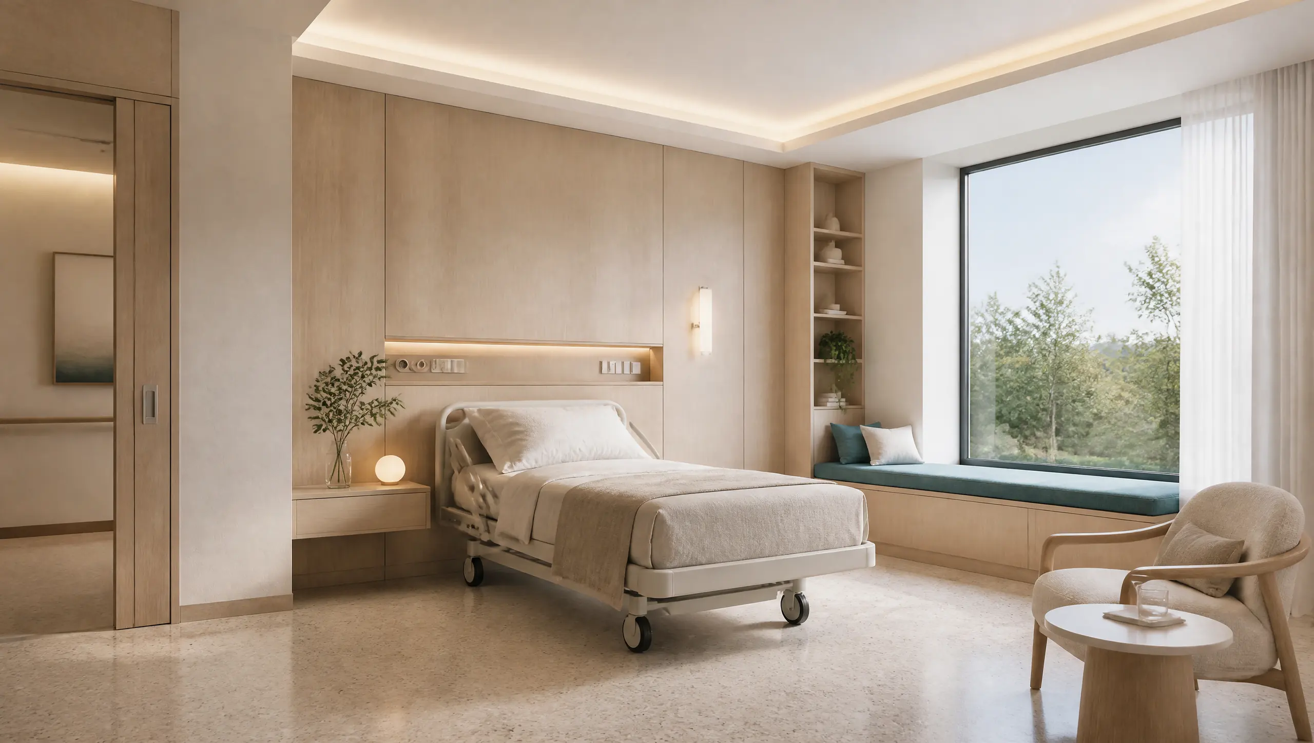 A private hospital patient room with an oak wall panel, a window seat and indirect lighting