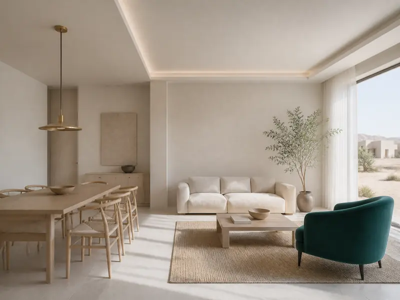 A contemporary villa living and dining space with pale oak, white plaster walls and one teal armchair