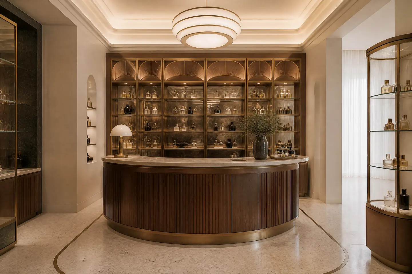The other side of the boutique: a curved walnut-and-brass counter and a wall of brass-framed shelves