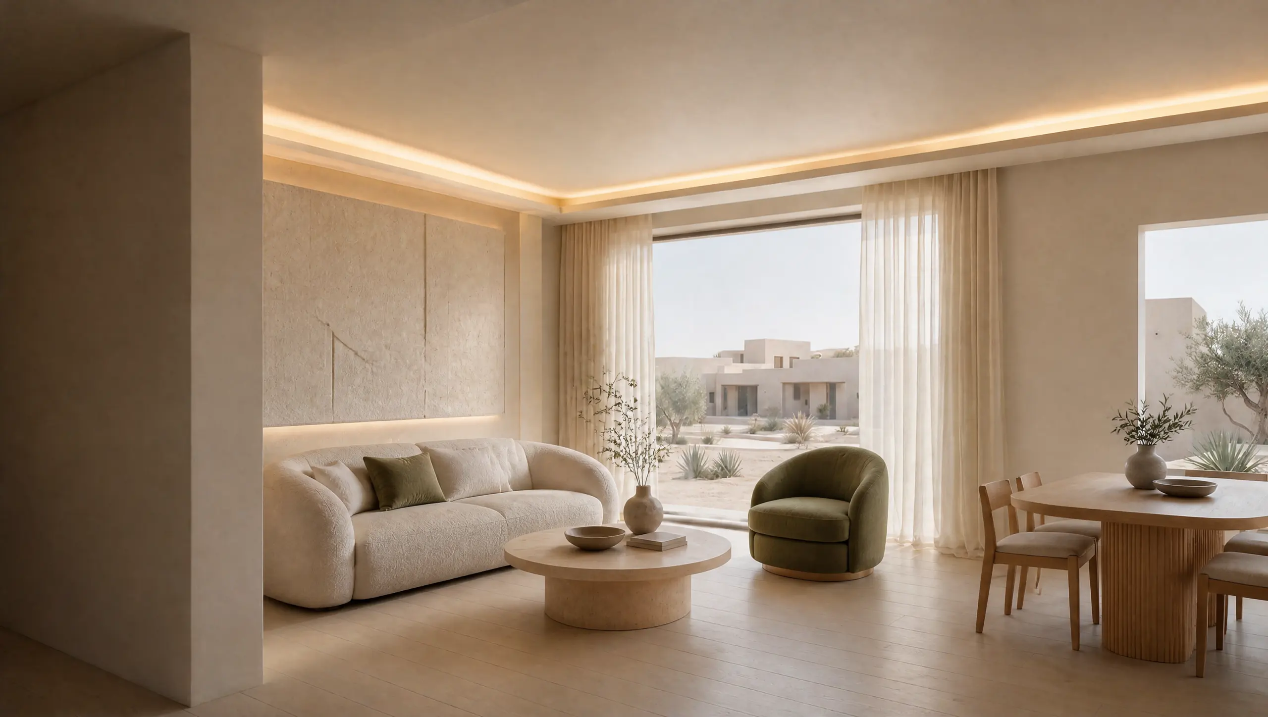 A living and dining hall in the Contemporary style: soft curved furniture, oak, travertine and indirect light