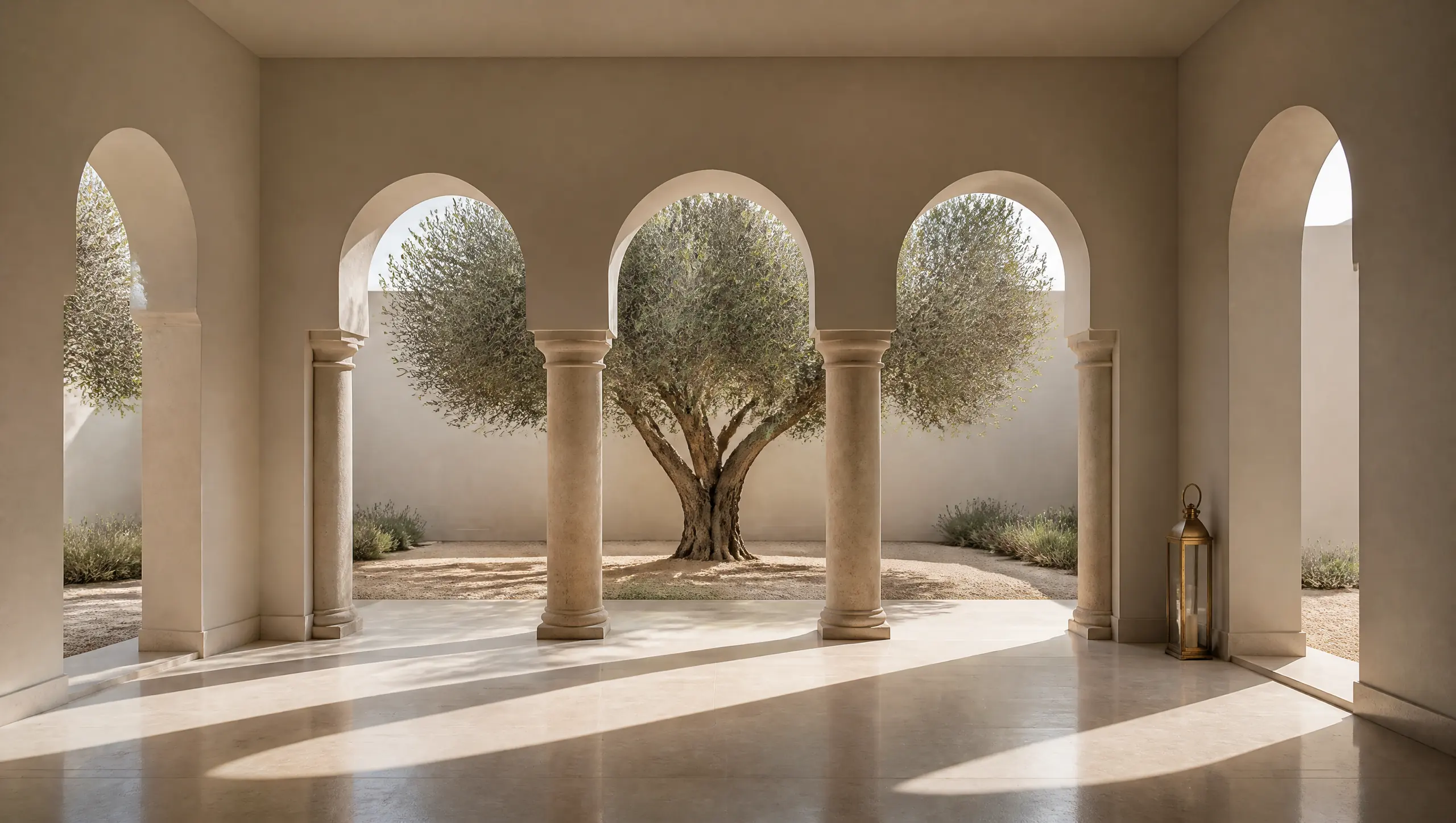 A calm courtyard gallery with round-headed arches on slender stone columns, an olive tree in the sunlit court beyond and a brass lantern