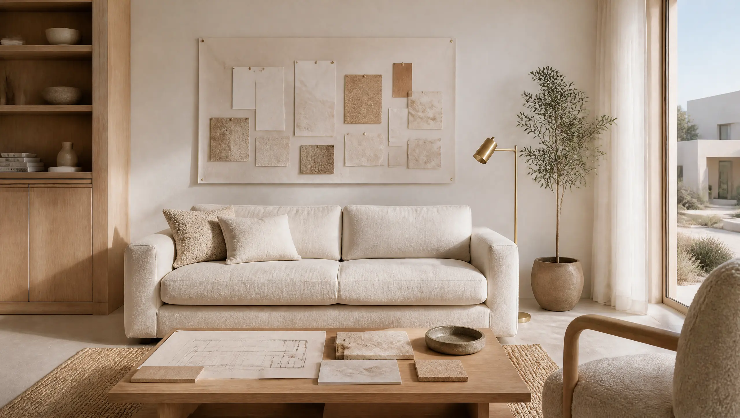 A bright living room with a moodboard wall, material samples and a plan on the coffee table