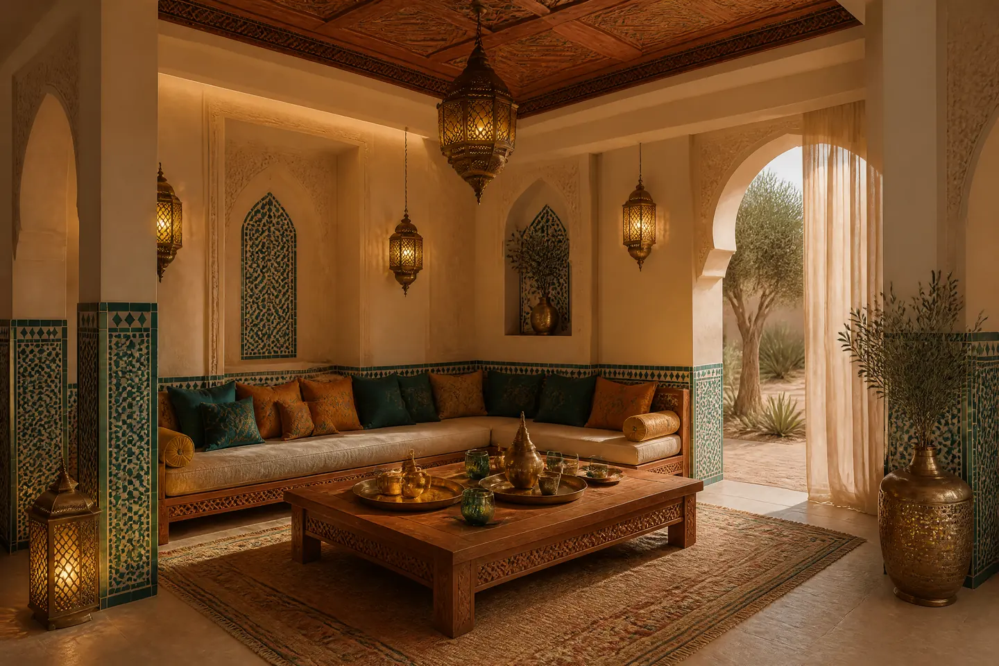 A seating corner in the Moroccan style: low seating, a carved table, a tea service, arches and lanterns