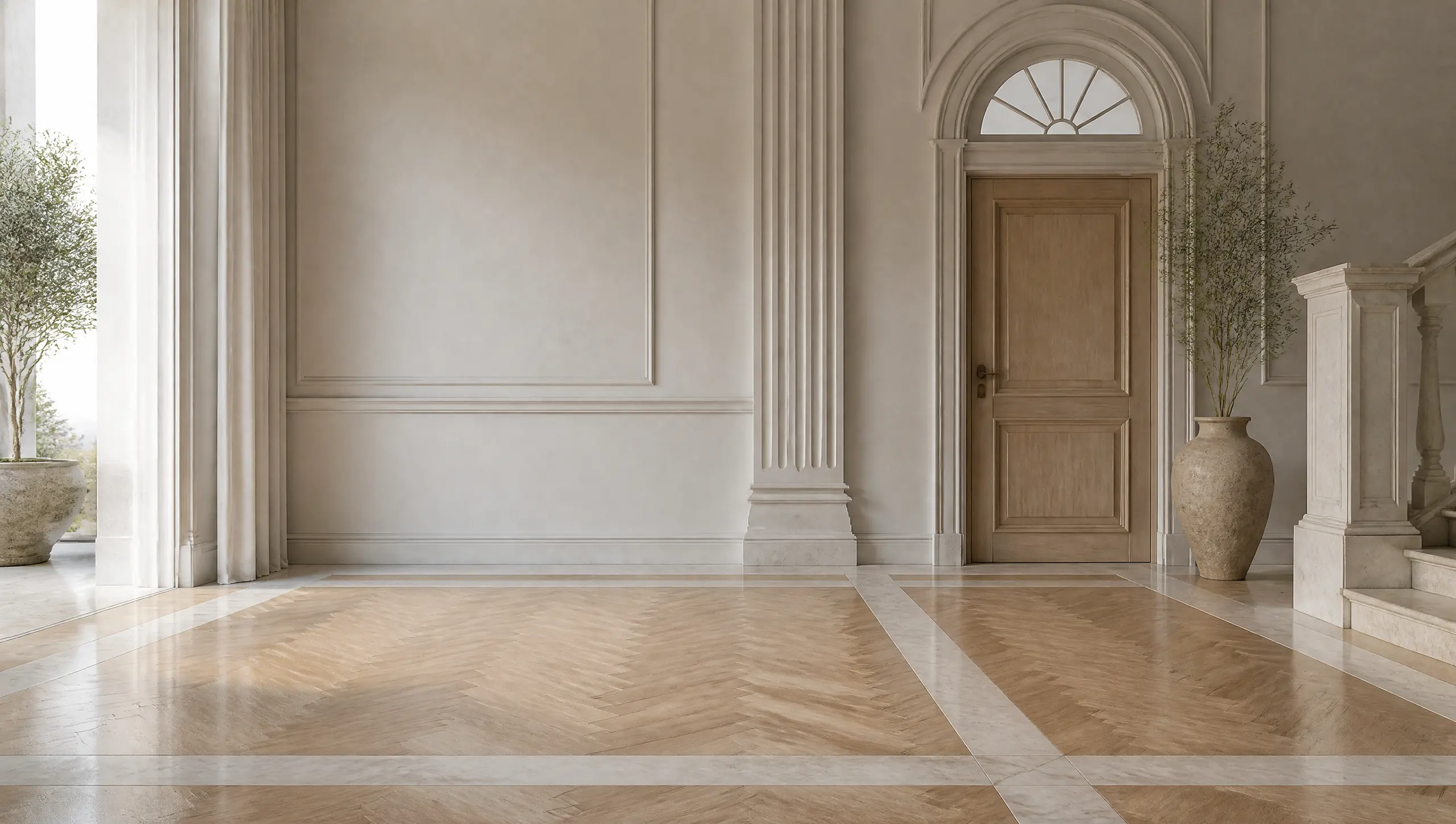 A neoclassical hall with a herringbone floor, wall mouldings and an arched fanlight door