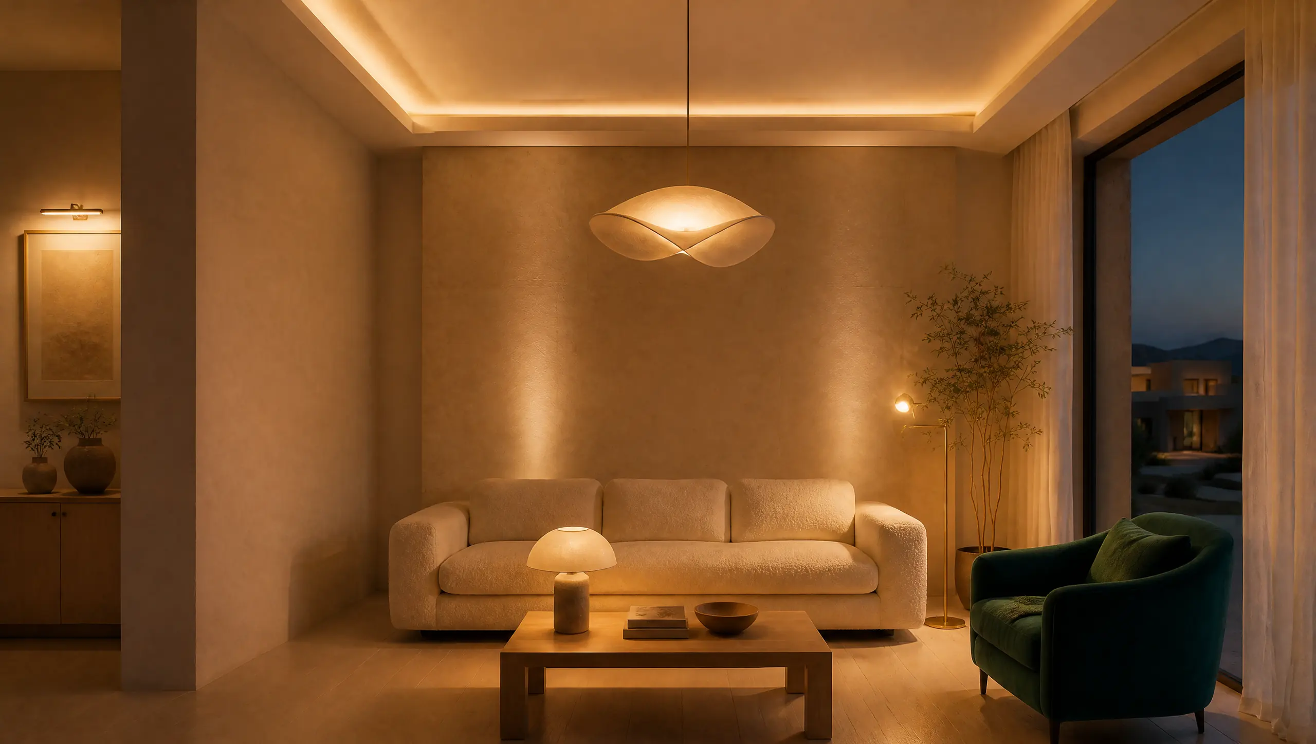 A living room with layered lighting: cove light, a pendant, wall light and a floor lamp