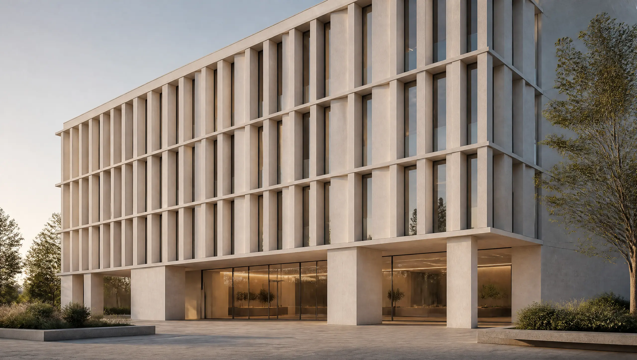 A mid-rise commercial building facade with vertical fins, a regular rhythm and a glazed entrance