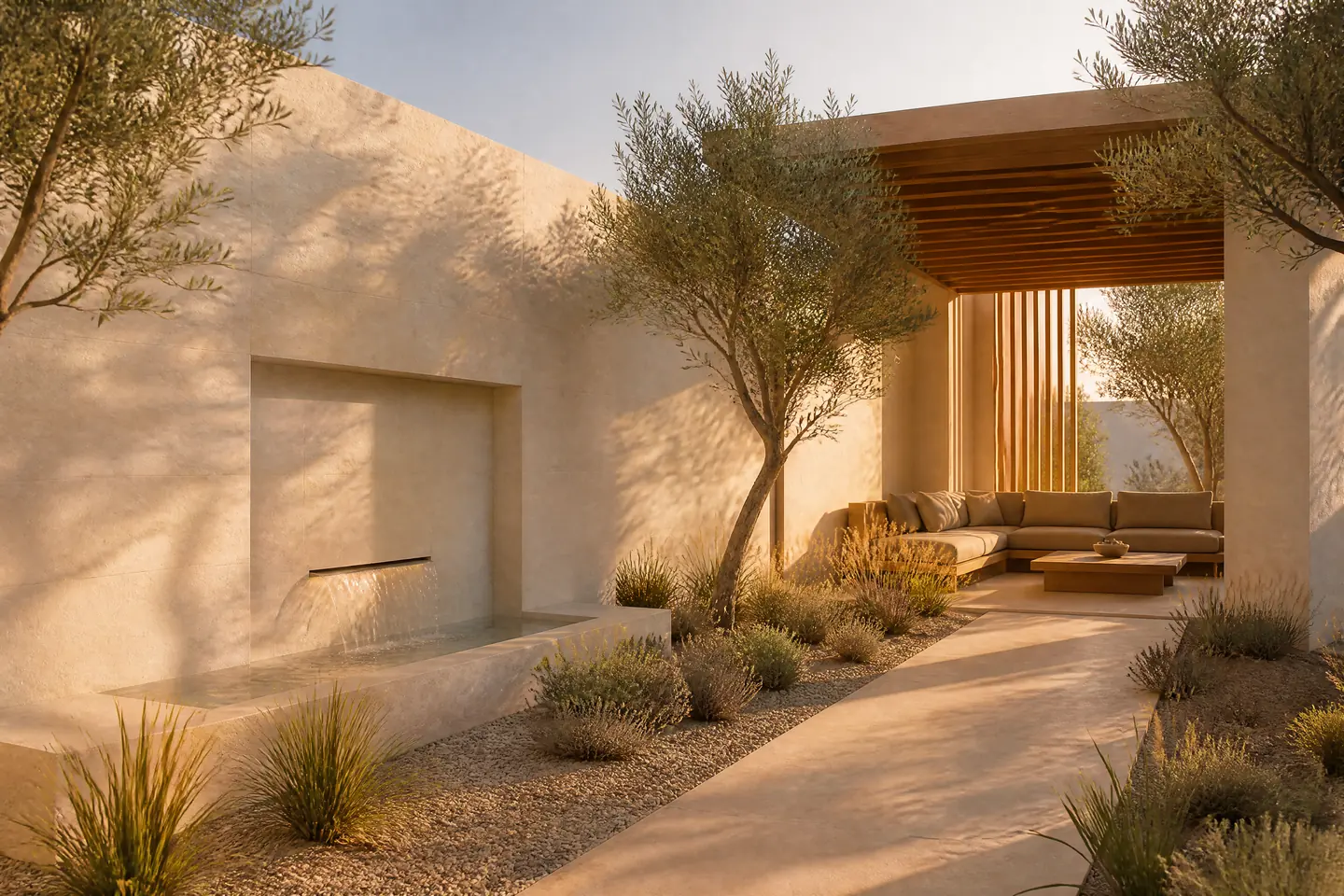 A garden court with a stone wall, a water feature, a timber pergola and a shaded seating area