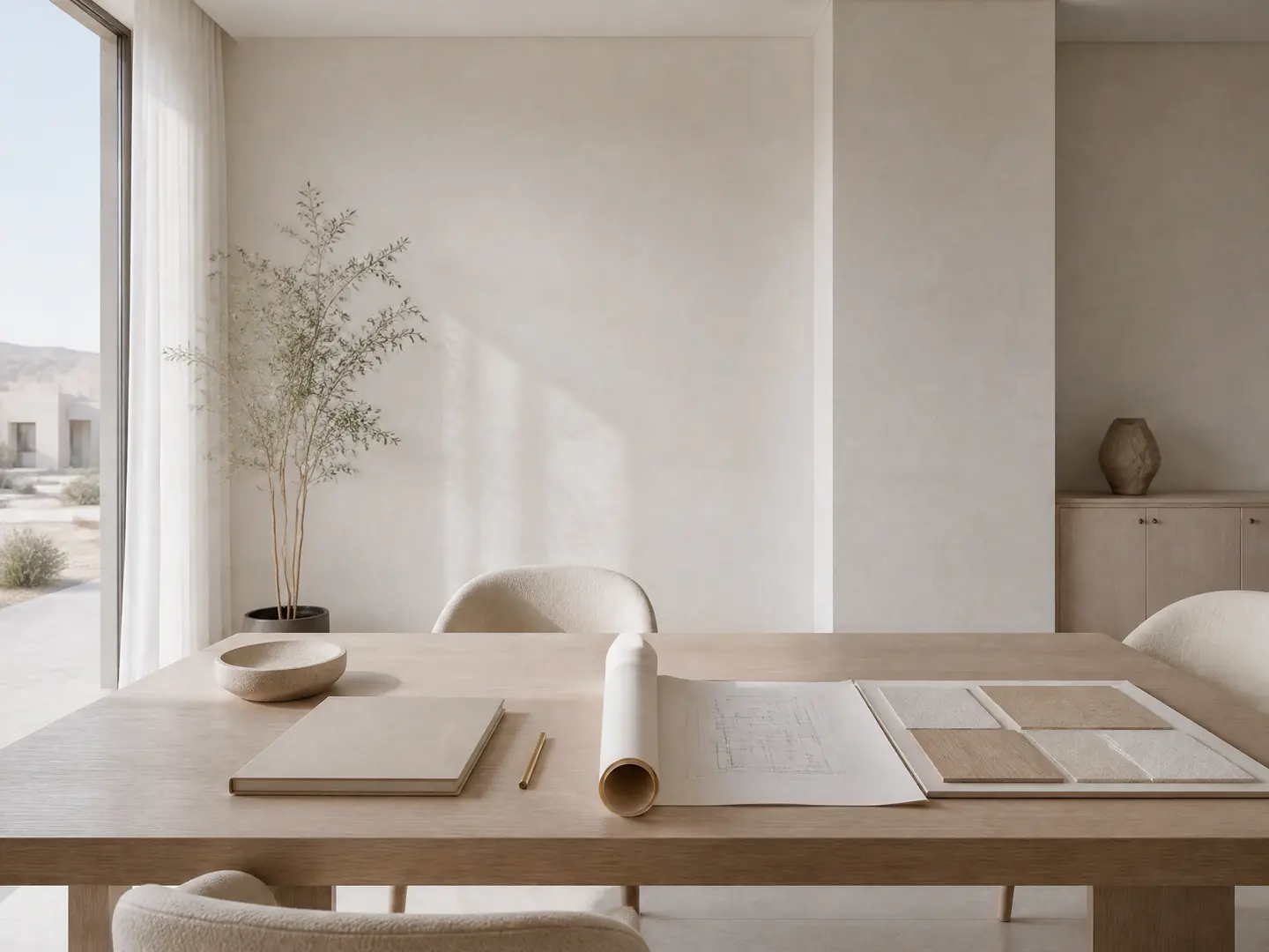 A calm consultation desk with rolled plans and material samples to begin the project