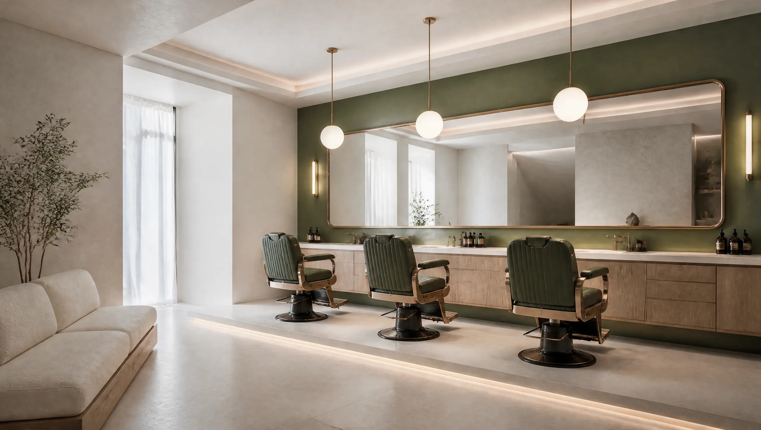 A contemporary barbershop with three chairs, a long brass-framed mirror and a green accent wall