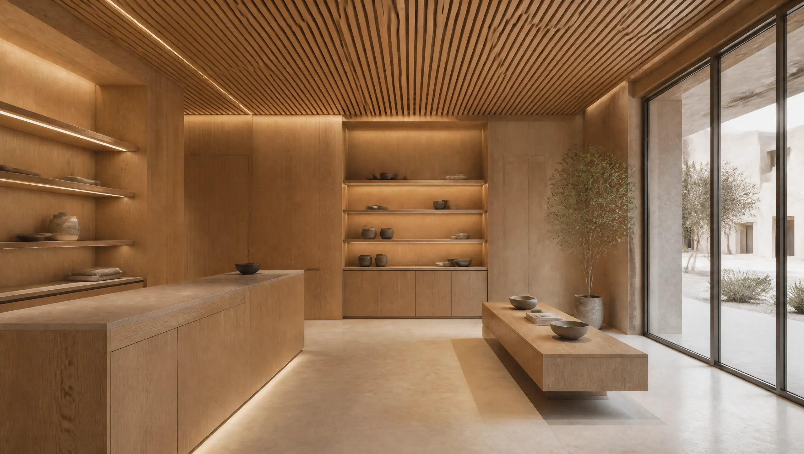 A boutique shop clad in warm timber with a slatted ceiling, oak shelving and a counter