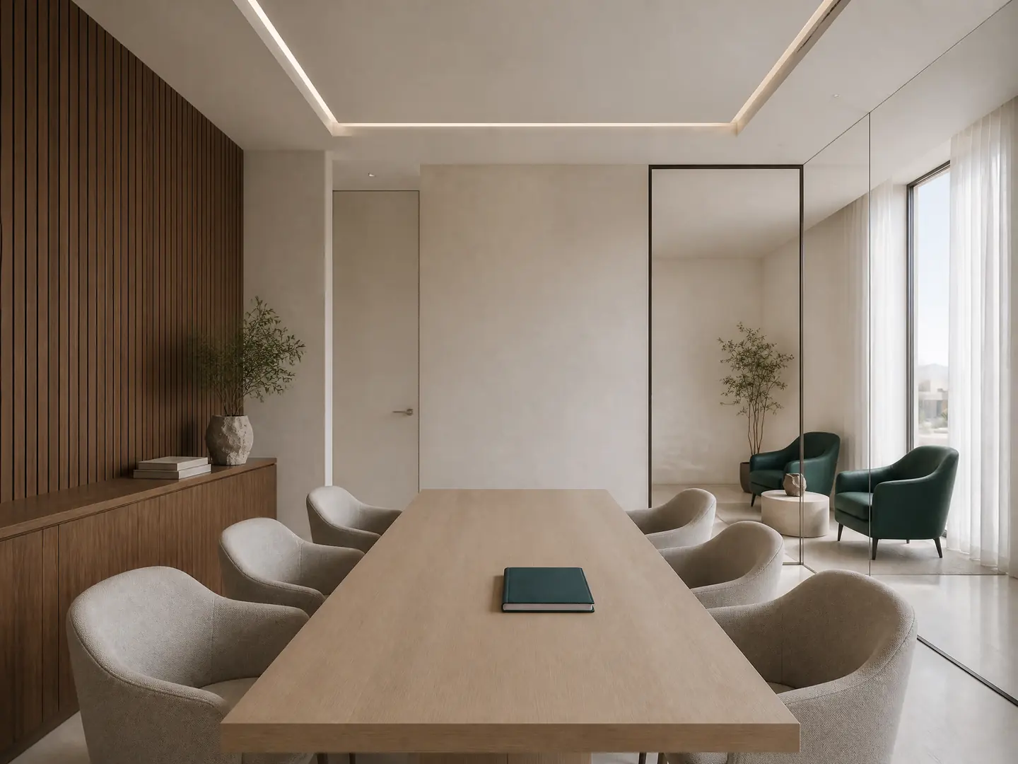 A contemporary meeting and focus area with an oak table and an acoustic timber wall