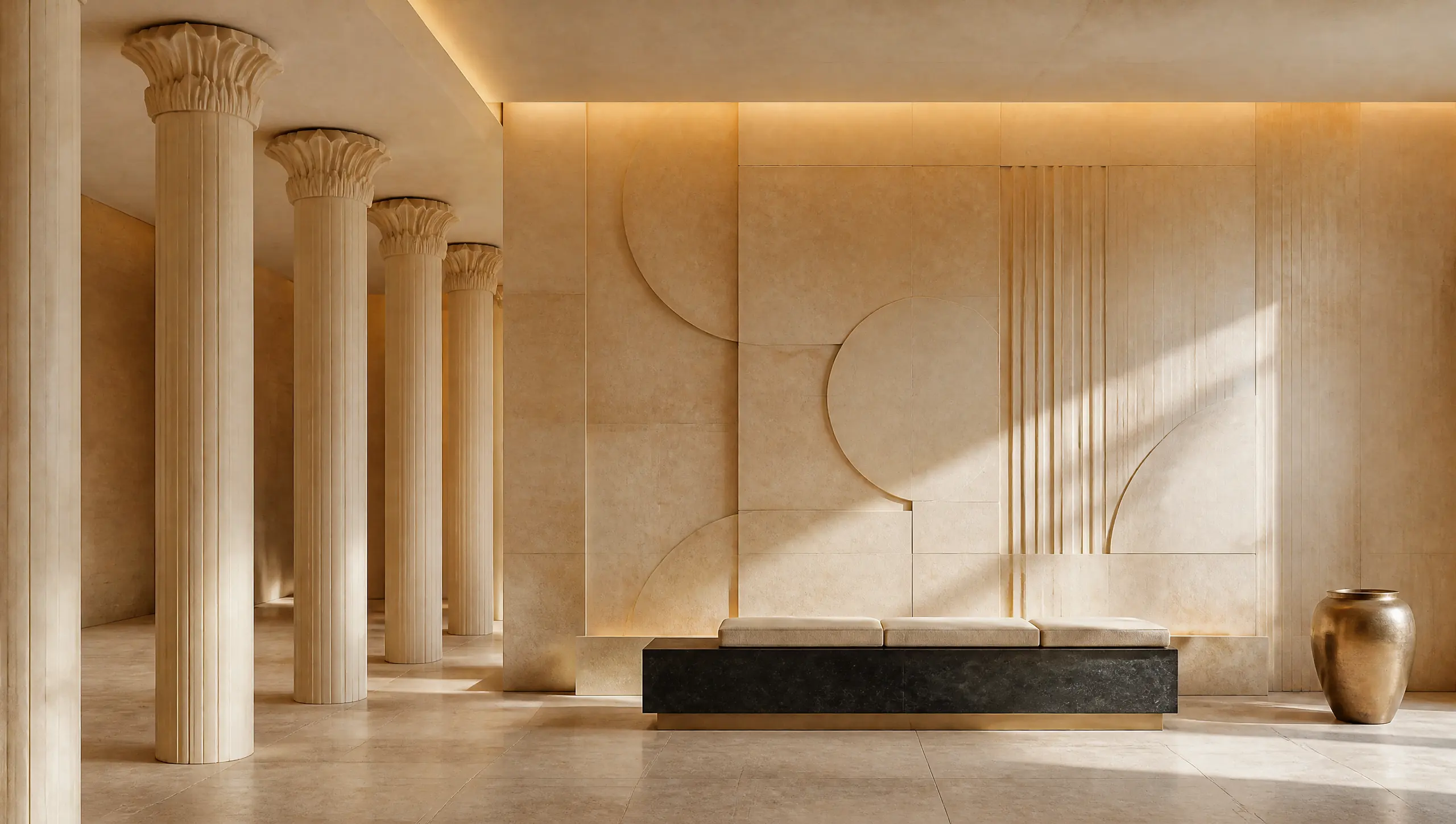 A contemporary reading of Egyptian style: lotus-capital columns, sandstone and geometric relief