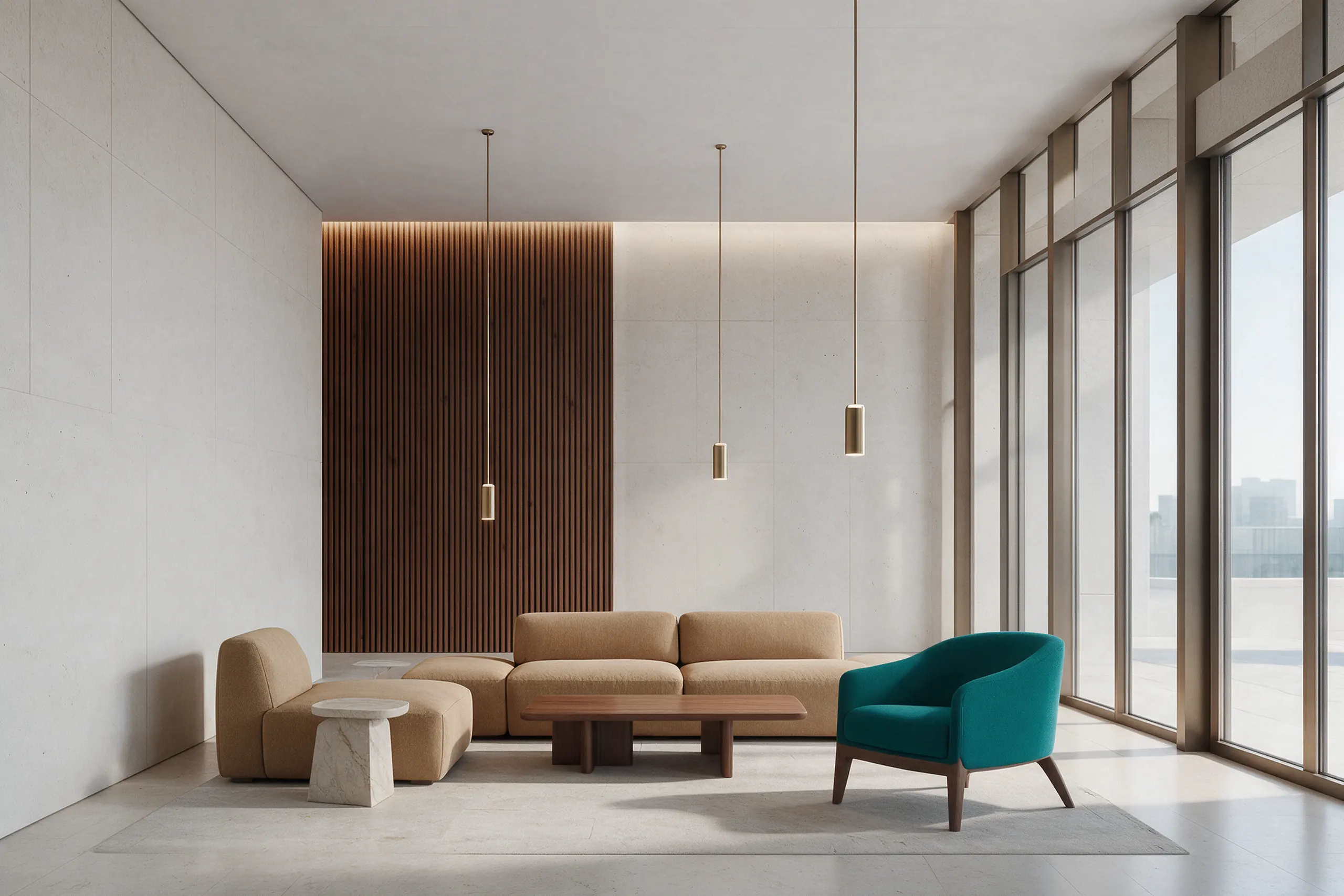A conceptual waiting lounge with a teal armchair