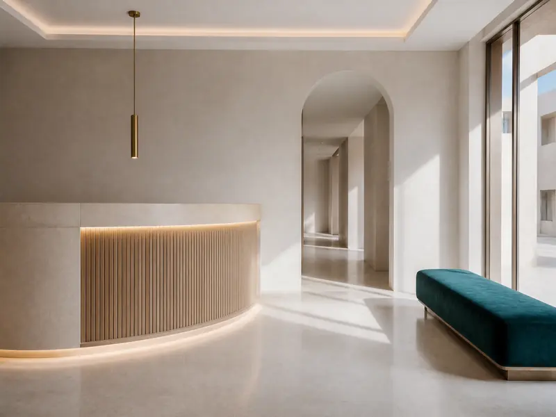 A refined hotel lobby with a curved stone-and-oak reception desk and a teal bench