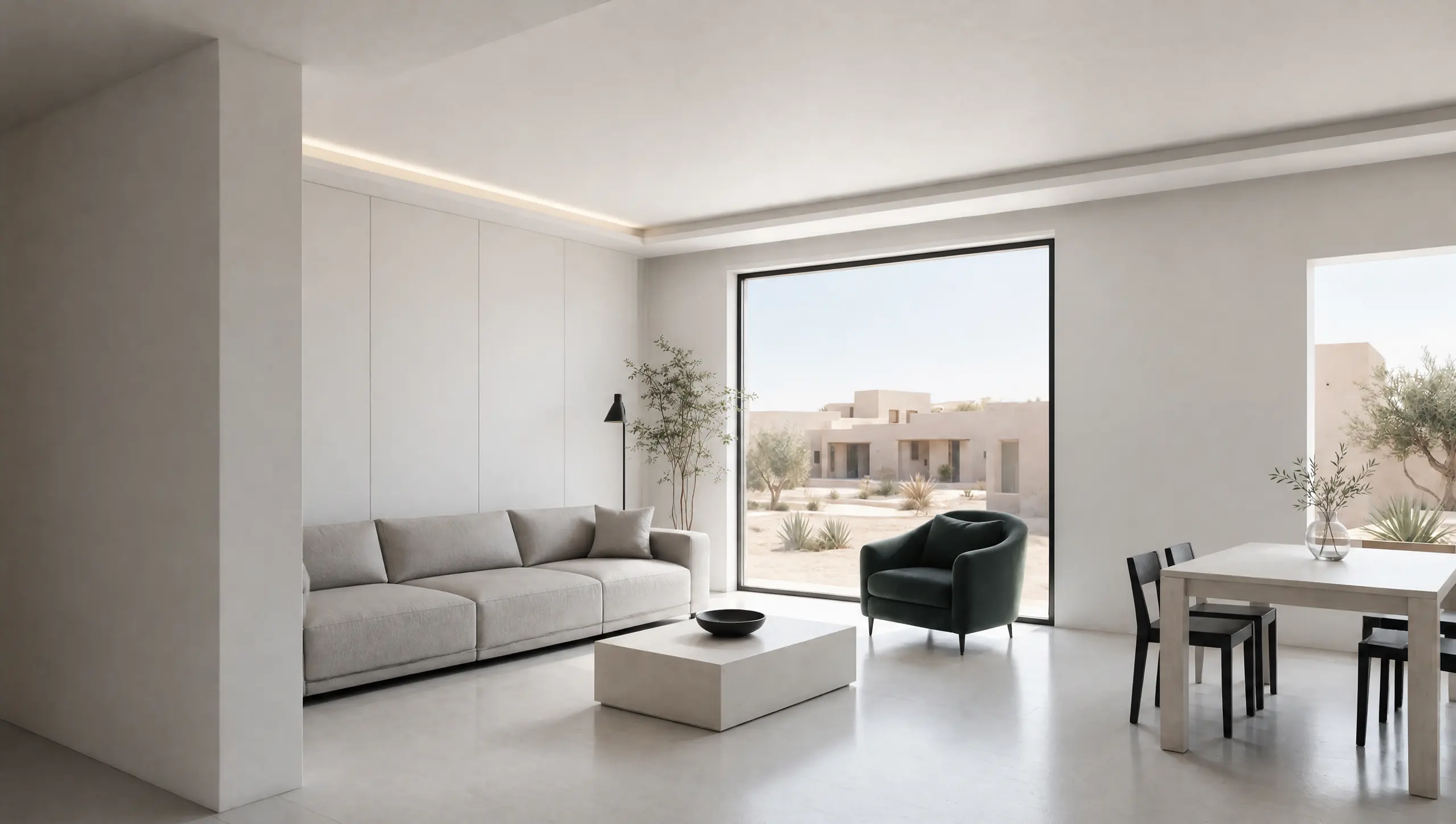 A living and dining hall in the Modern style: clean lines, flat white cabinetry and black window frames