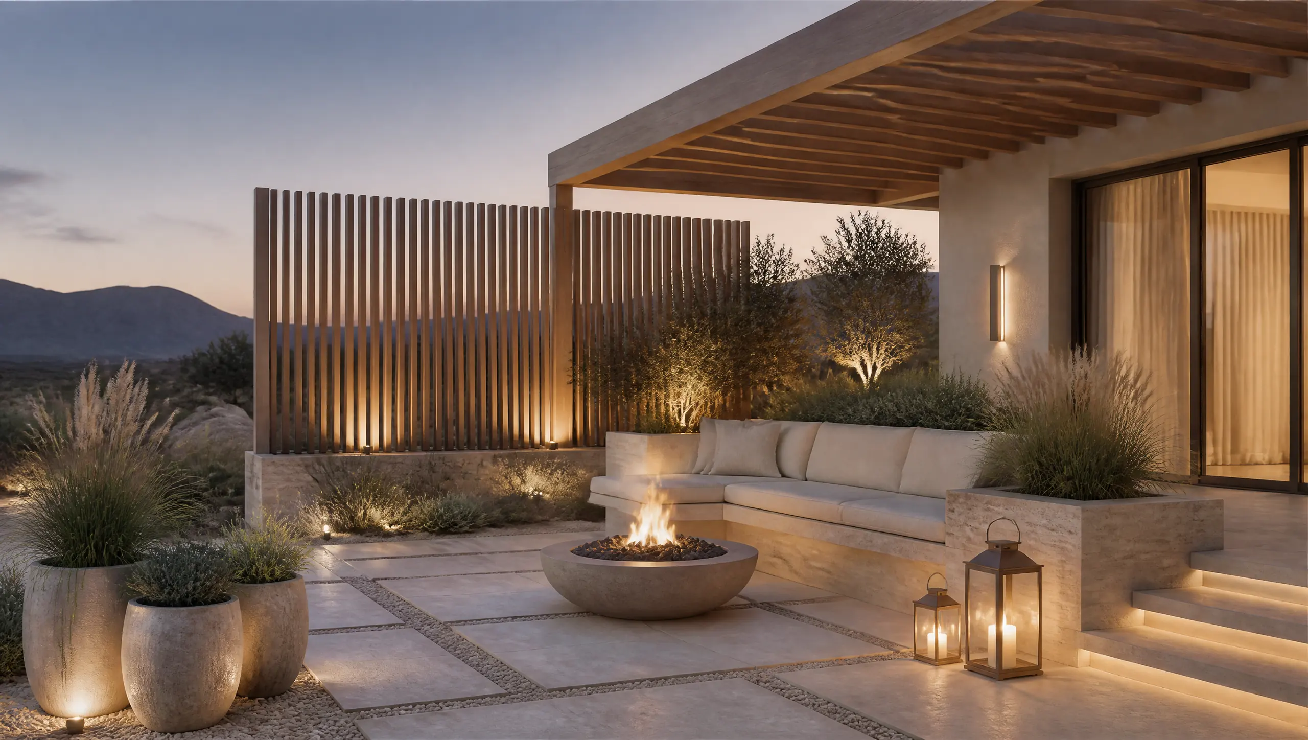 A villa terrace with a timber screen, planters, a stone bench, a fire bowl and lanterns