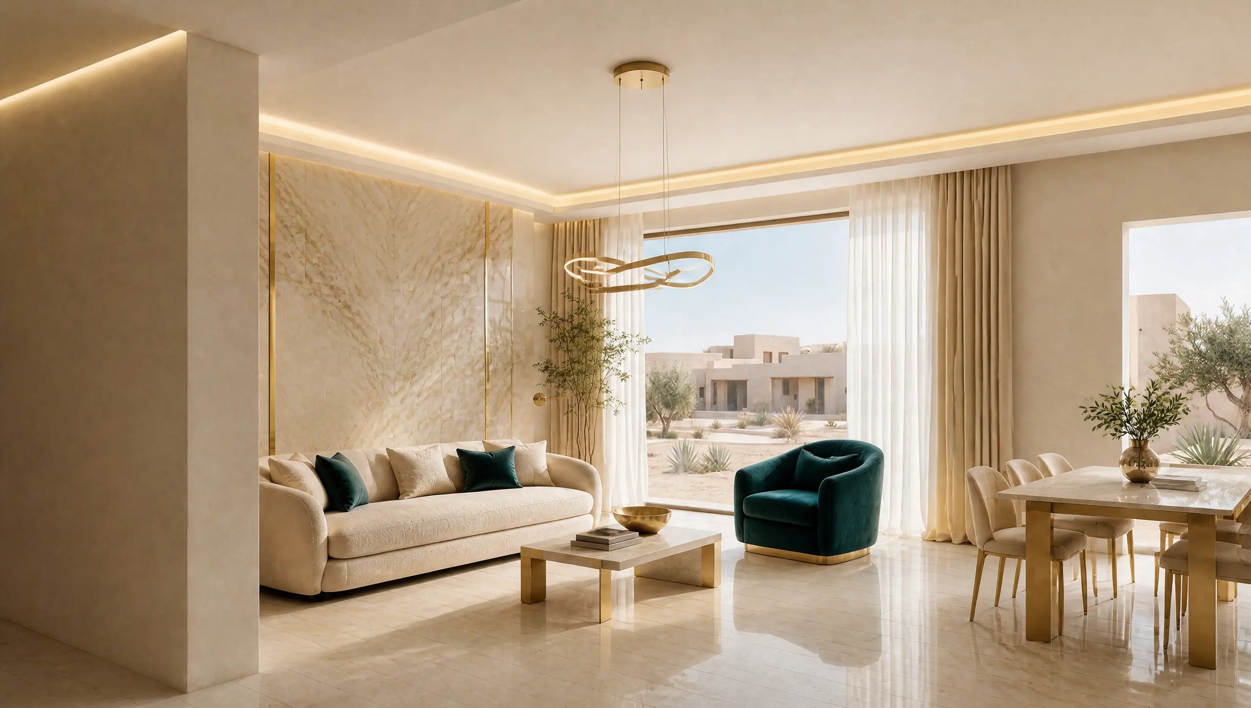 A living and dining hall in the Modern Luxury style: a marble feature wall with gold veining, brass and velvet