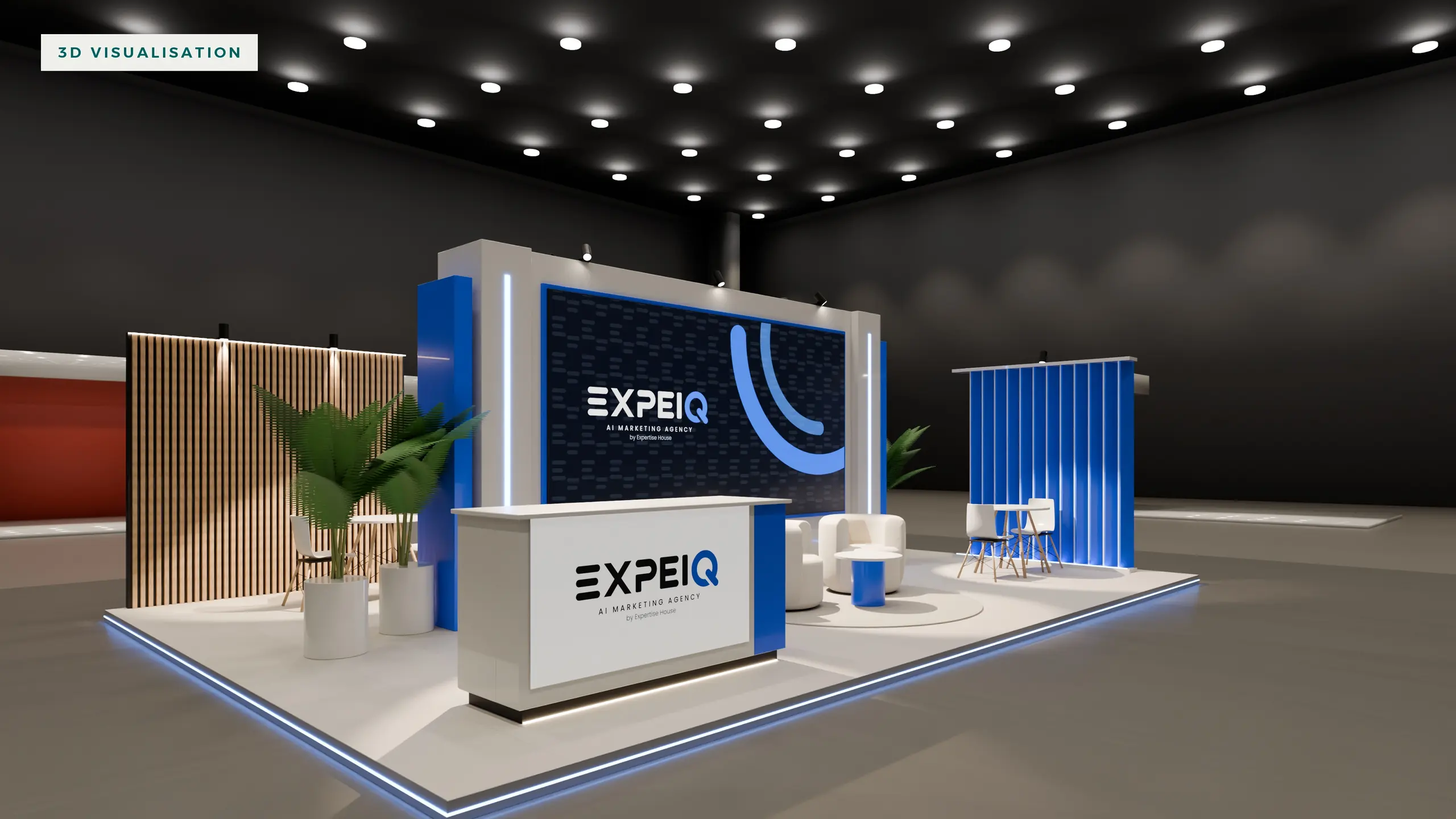 3D visualisation of the EXPEIQ exhibition booth — front-left corner: reception, LED wall and lounge from the main aisle