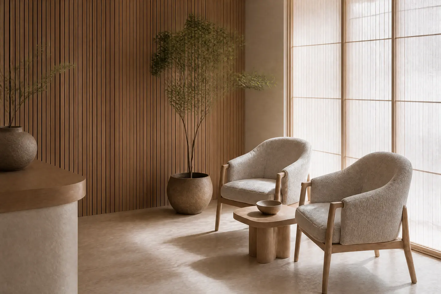 A quiet waiting alcove with two armchairs beside a screened window and a tall plant