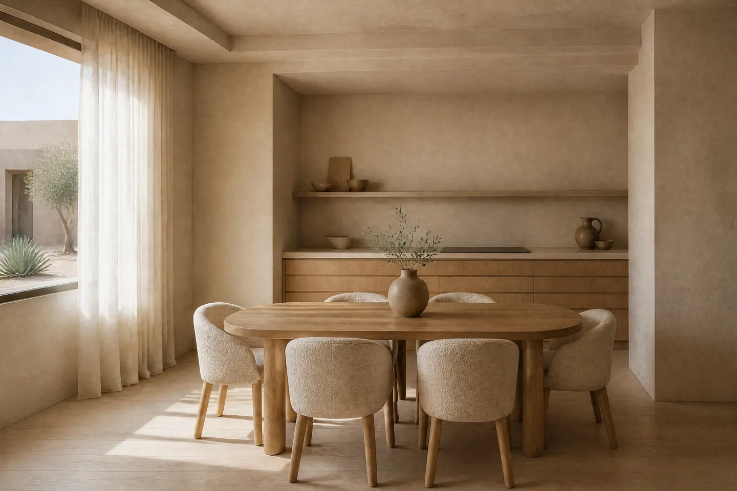 A dining area in the Warm Minimalism style
