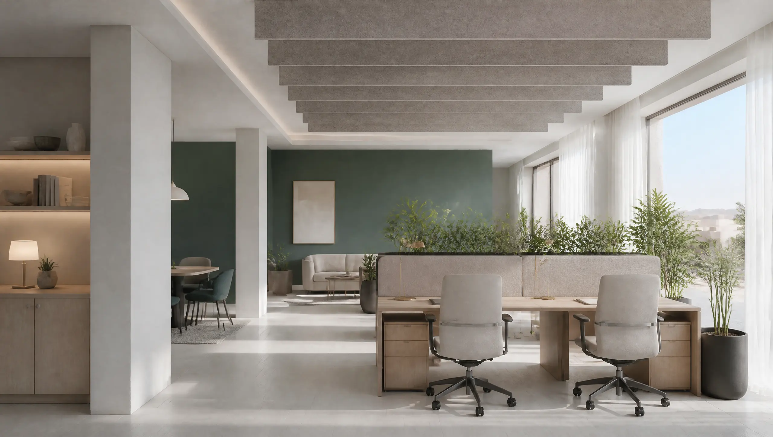 A modern open-plan office with acoustic baffles, plants and a green feature wall