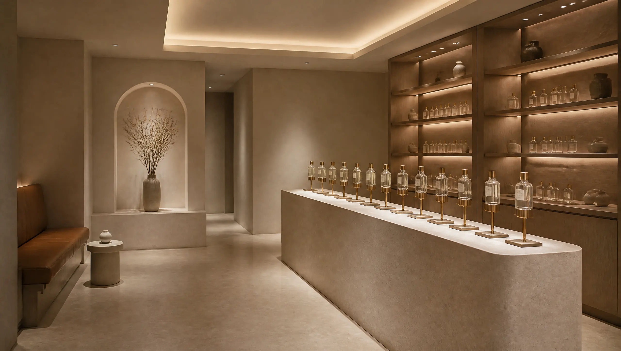 محل عطور راقٍ بمنصة عرض حجرية وزجاجات غير معنونة ورفوف مضاءة