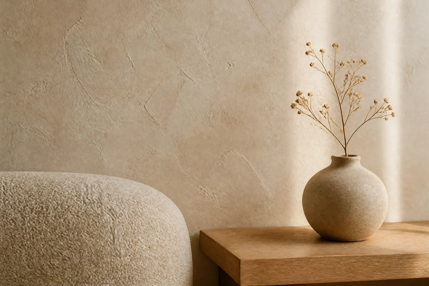 A close-up of Warm Minimalism style materials, furniture and finishes