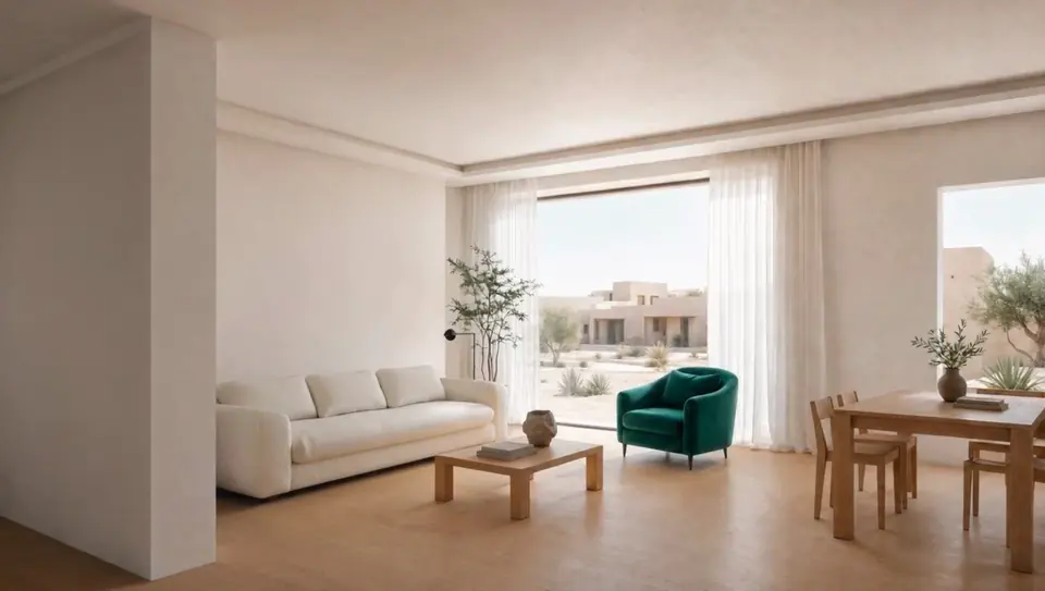 A living-room wireframe resolving into a finished 3D visualisation
