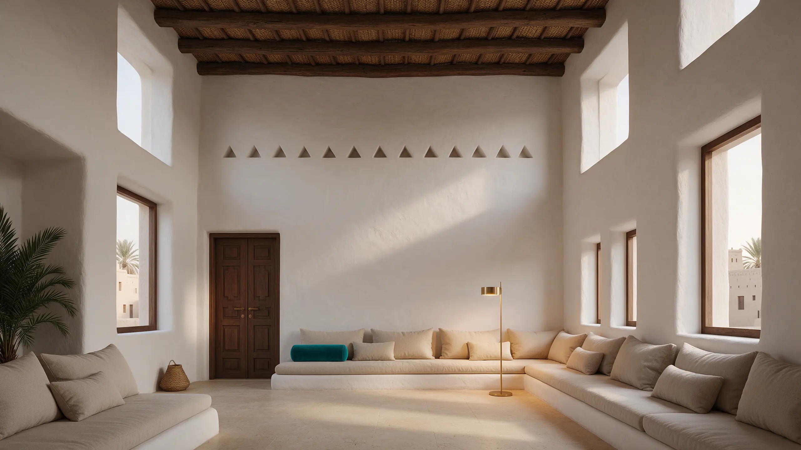 A contemporary Najdi majlis hall: white lime-plaster walls, a band of triangular niches, a palm-wood ceiling and floor-level seating