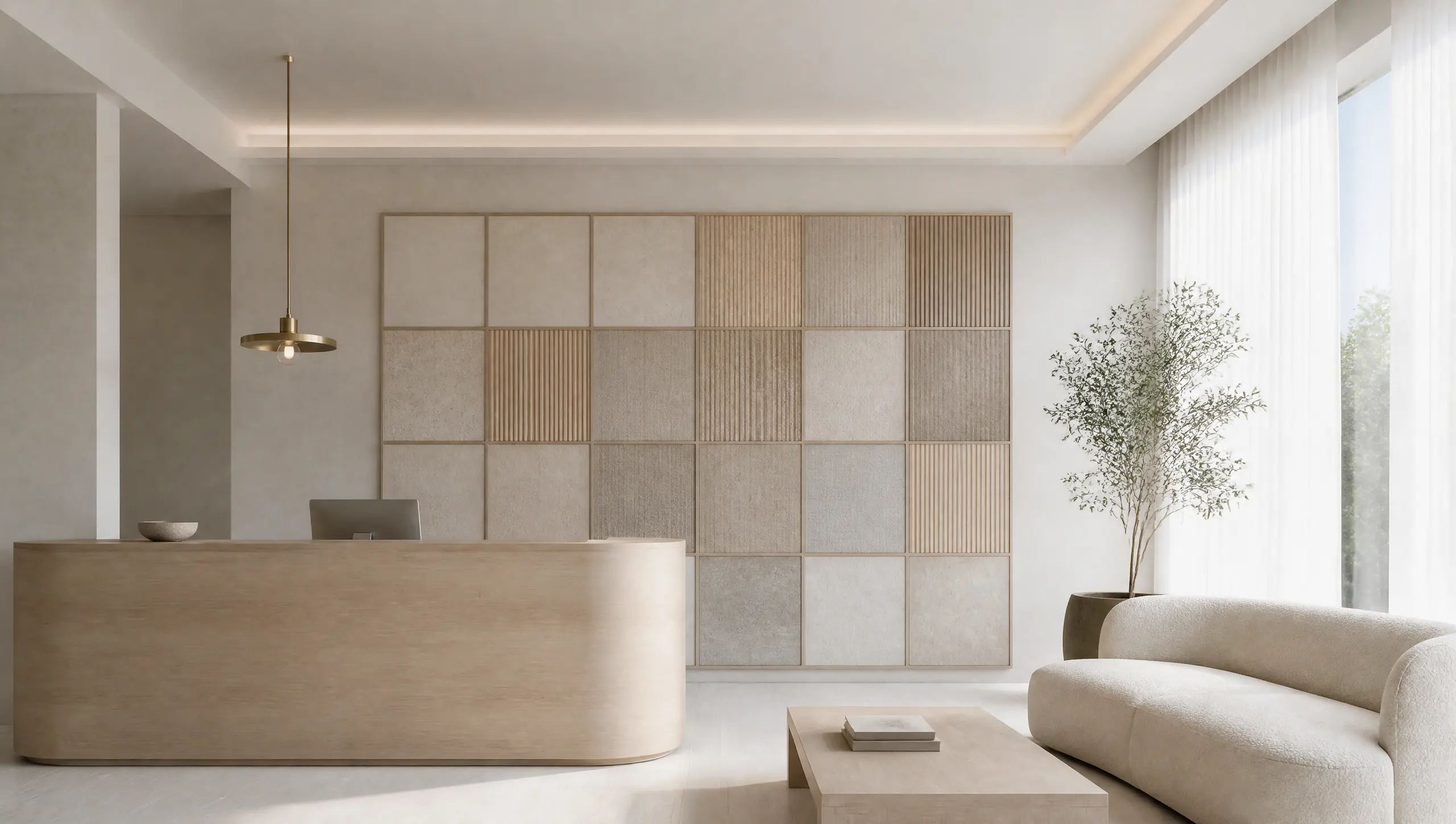 An interior-design company reception with a material-sample wall, an oak desk and a waiting sofa