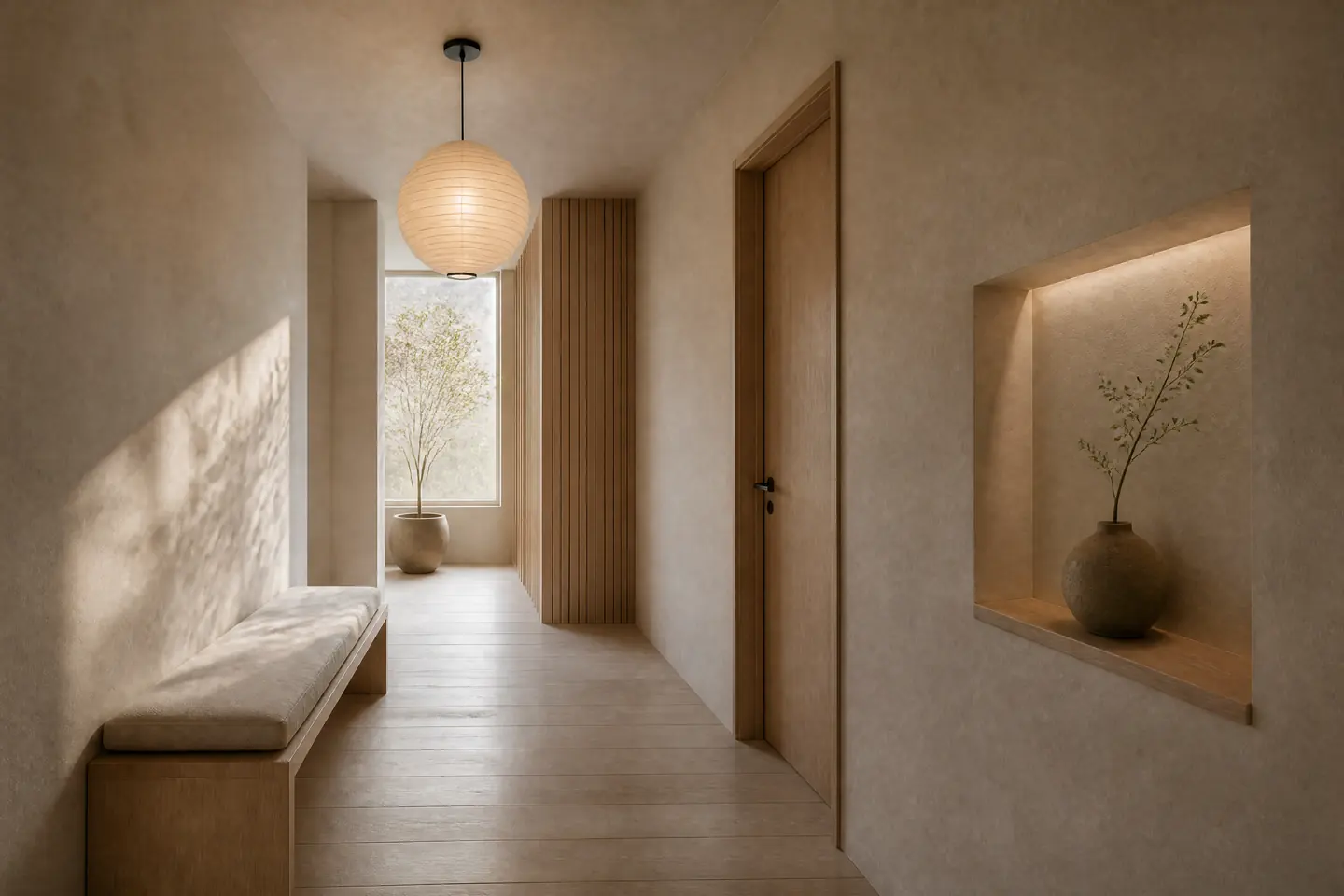 A calm corridor with a long bench, a wall niche with a single vase and soft daylight