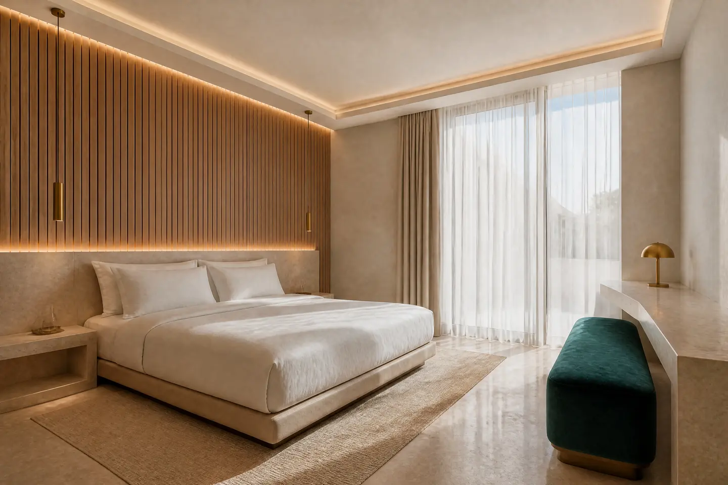 A hotel suite with a bed, a slatted oak headboard wall and a teal bench