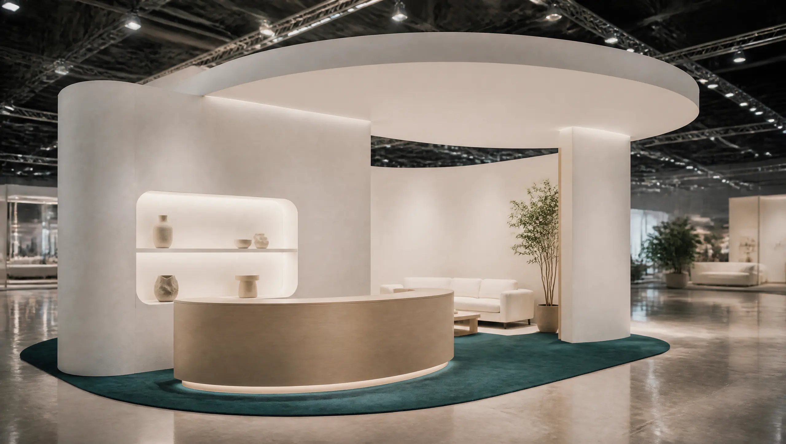 An unbranded exhibition booth with curved walls, a floating oval canopy and an oak reception counter