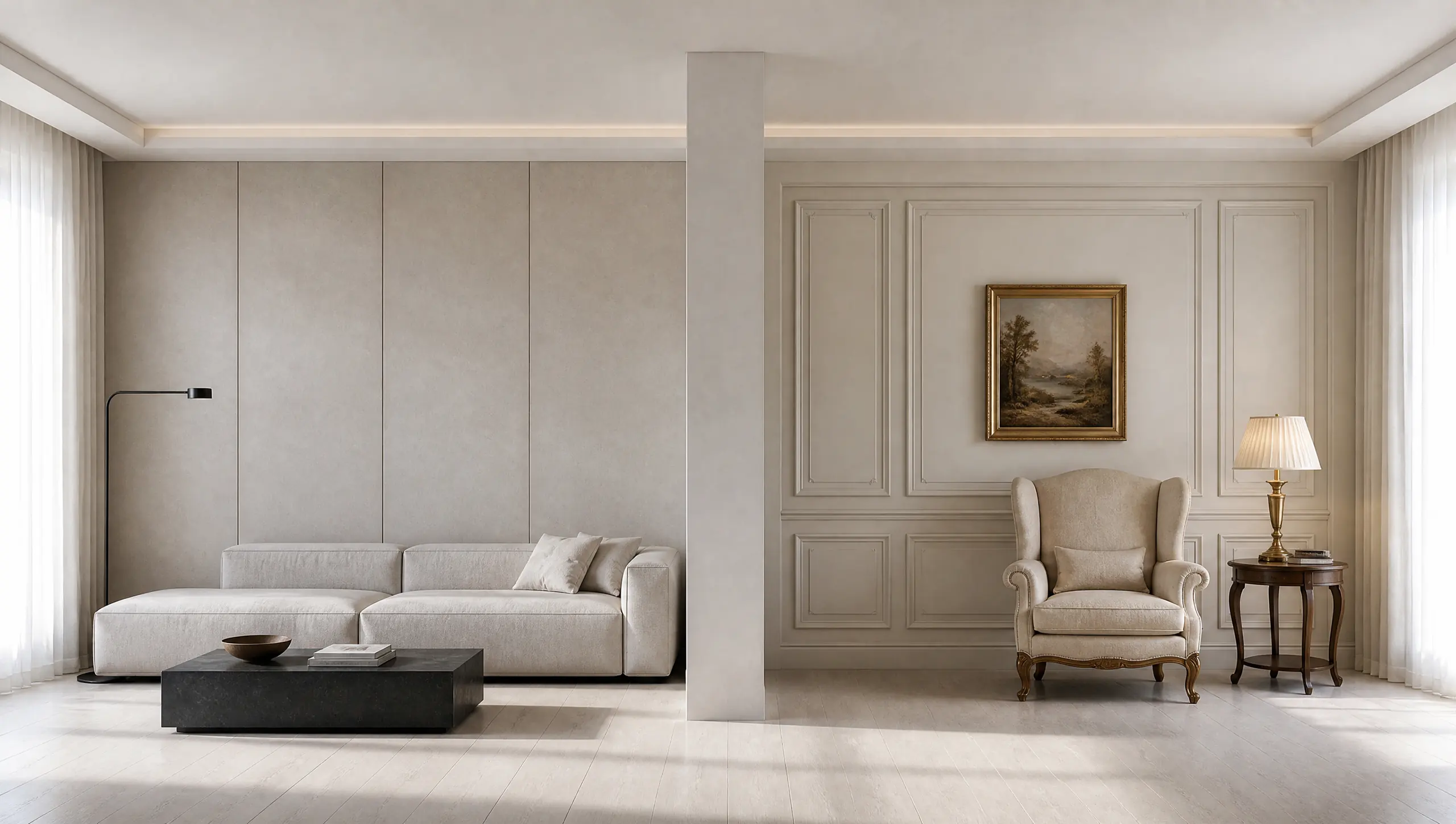 A hall split between a modern and a classic treatment of furniture and walls