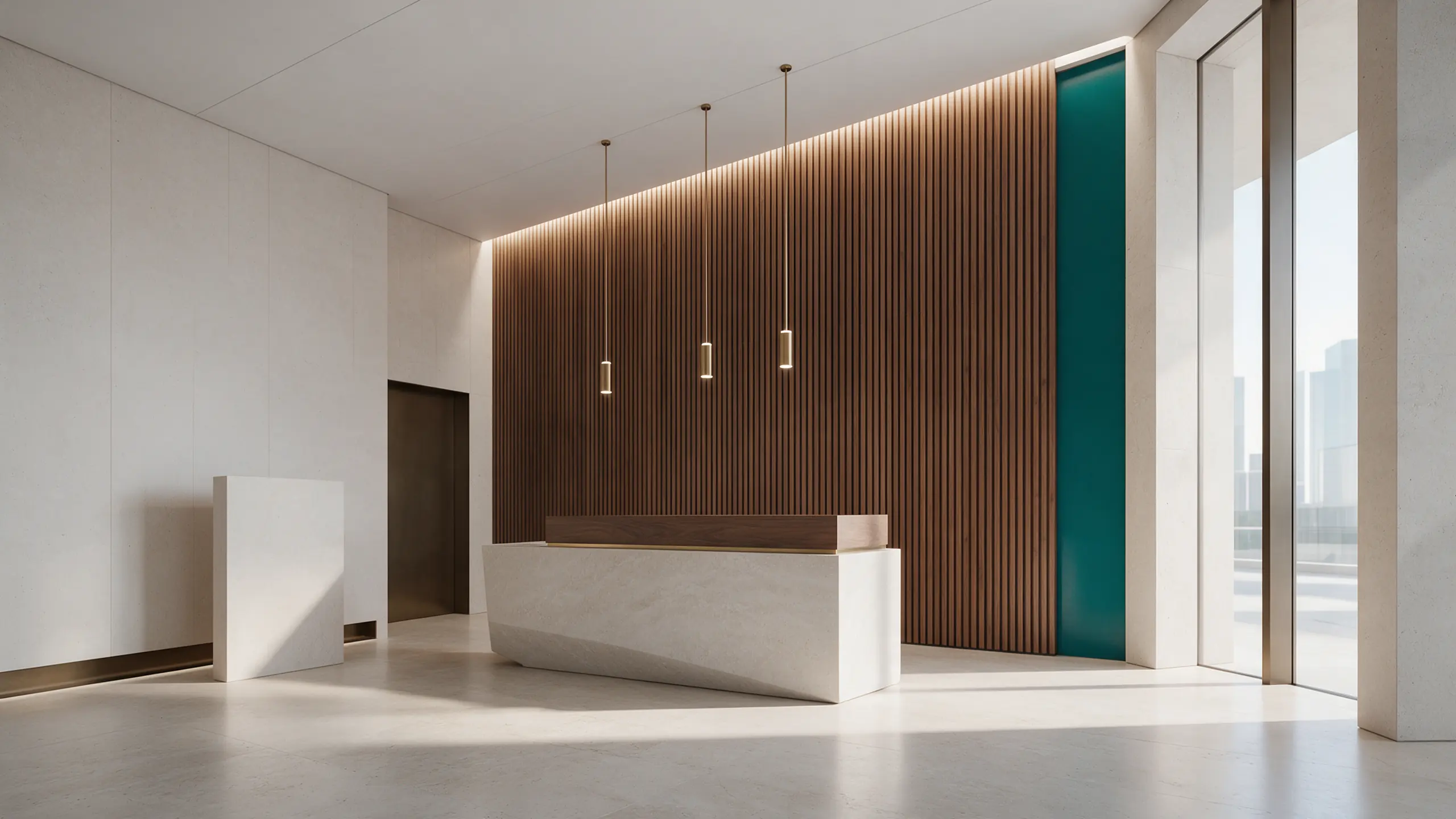 A conceptual executive reception: stone desk, walnut slat wall and pendant lights