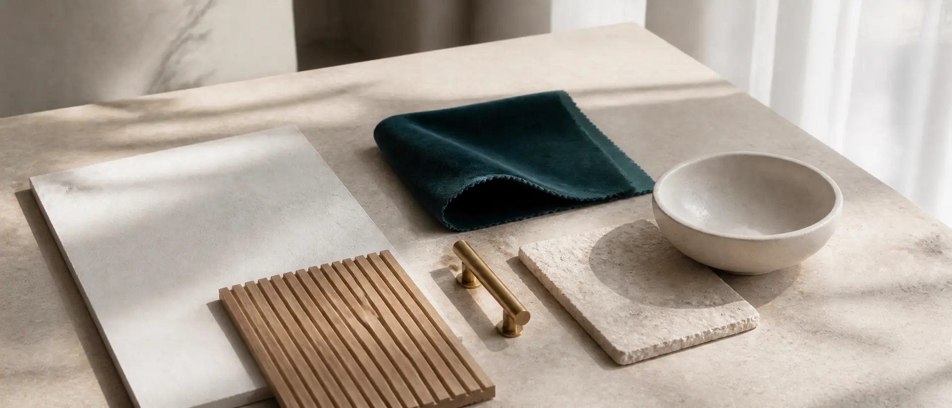 A material study: white plaster, slatted oak, brass, teal velvet and travertine