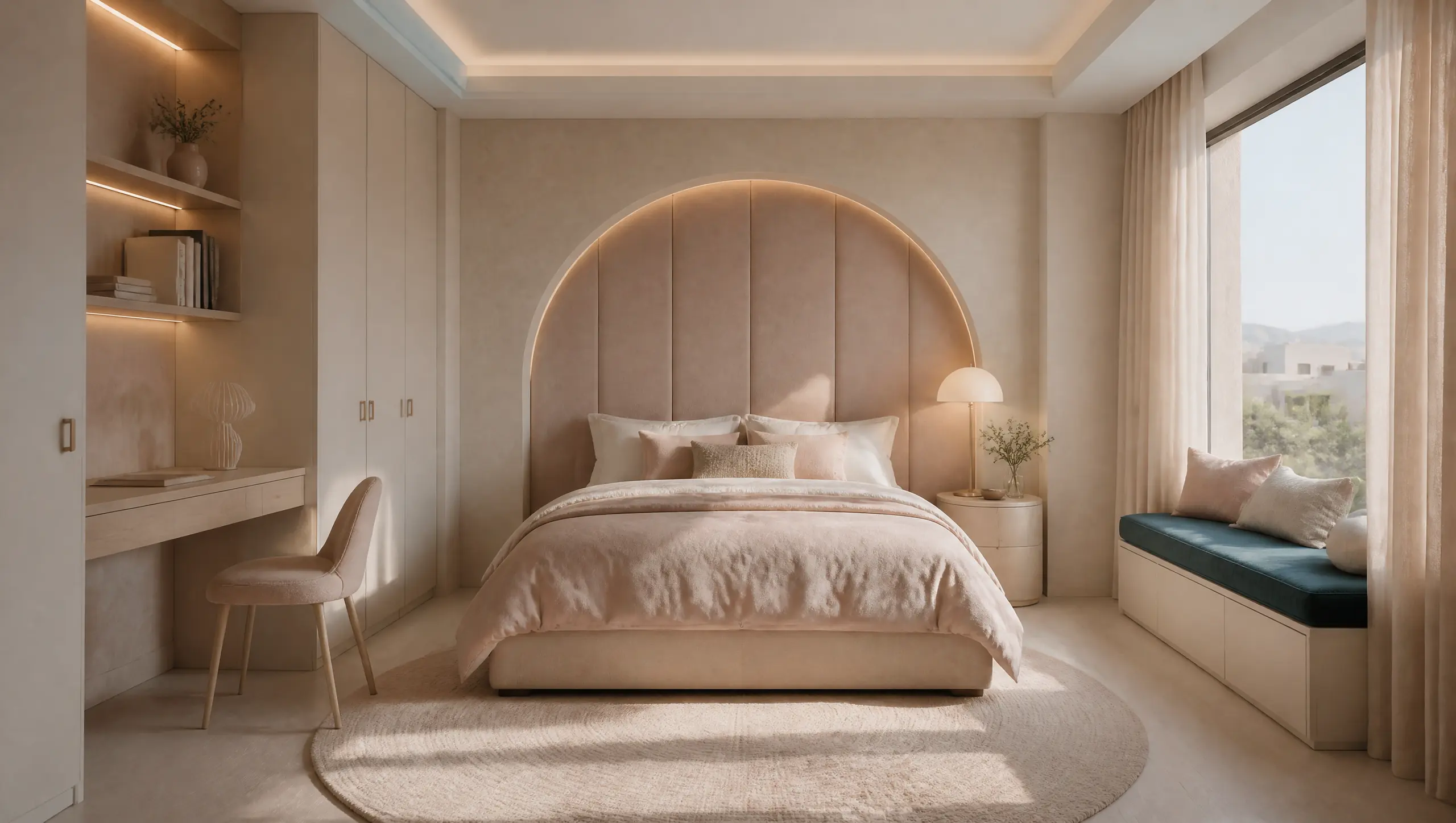 A girls' bedroom with an arched headboard wall, a built-in desk, a window seat and calm colours