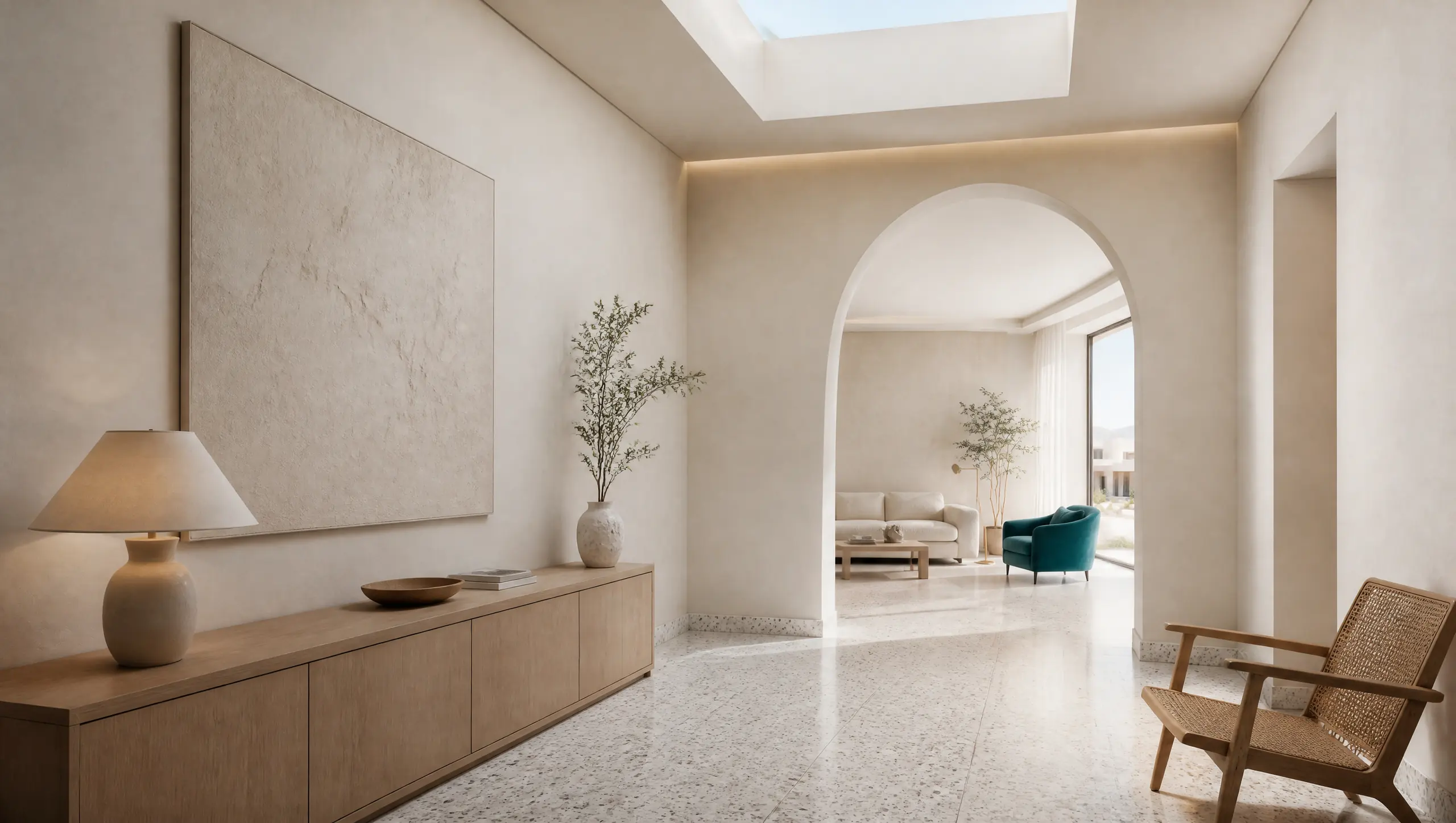 A home reception hall and sitting area with an arch and a plaster wall relief