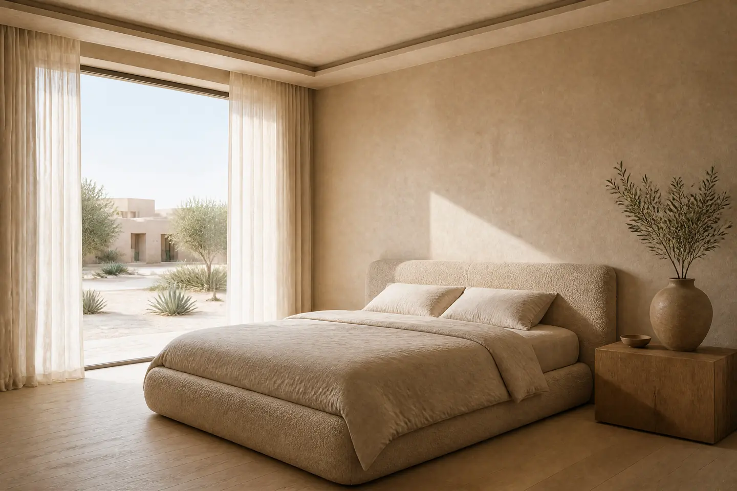 A bedroom in the Warm Minimalism style