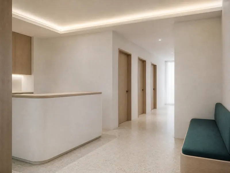 A calm clinic reception with a white plaster counter and a corridor of timber doors