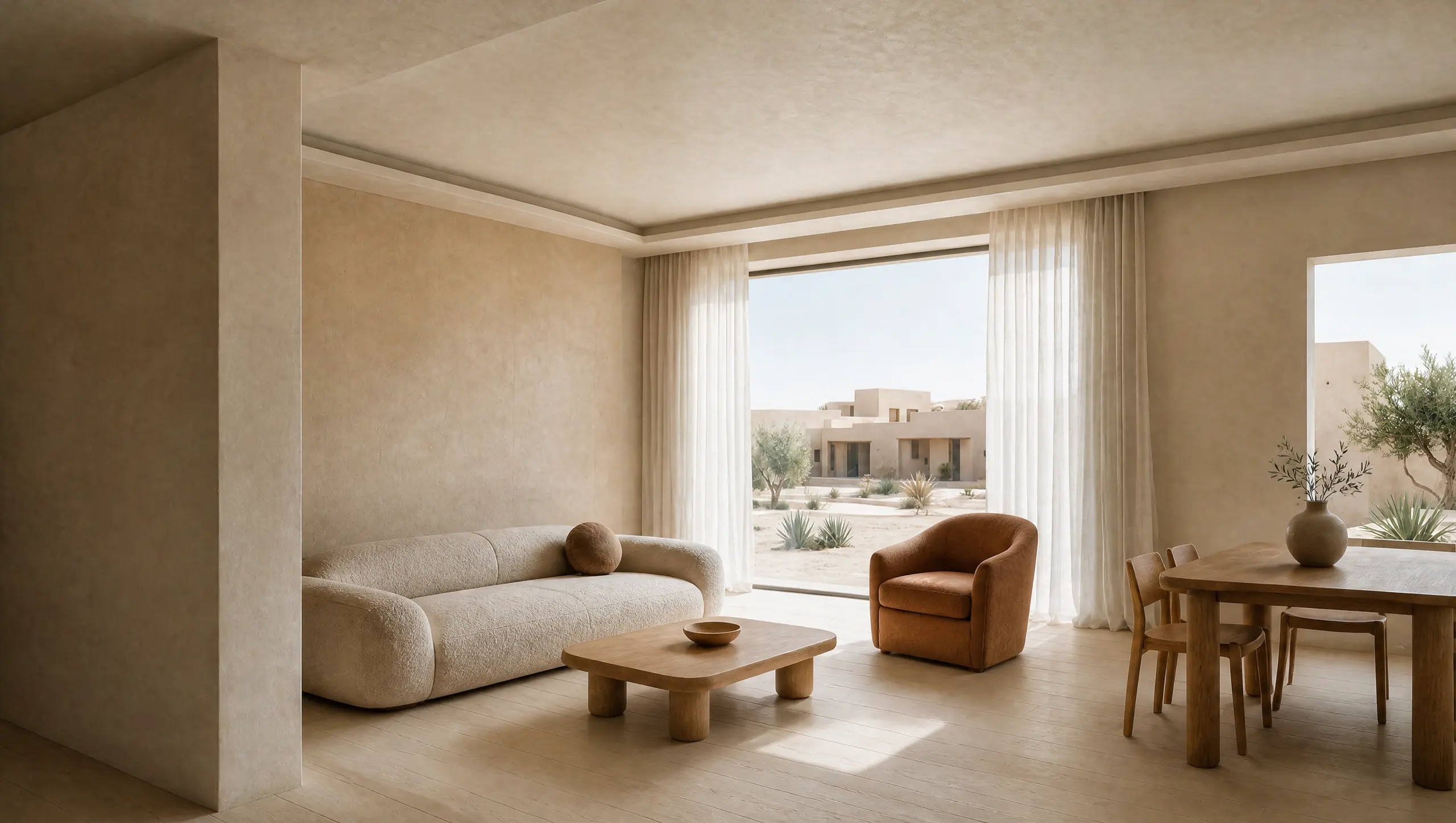 A living and dining hall in Warm Minimalism: sand plaster walls, a rounded sofa and oak furniture