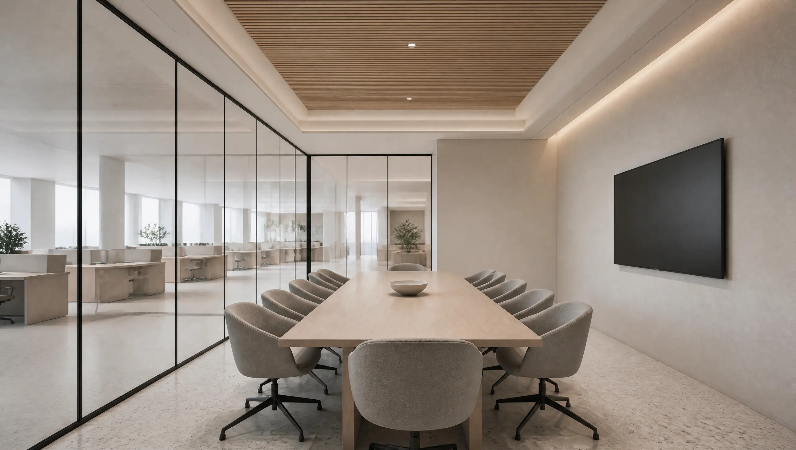 A modern meeting room with a glass wall to the open office and a long oak table
